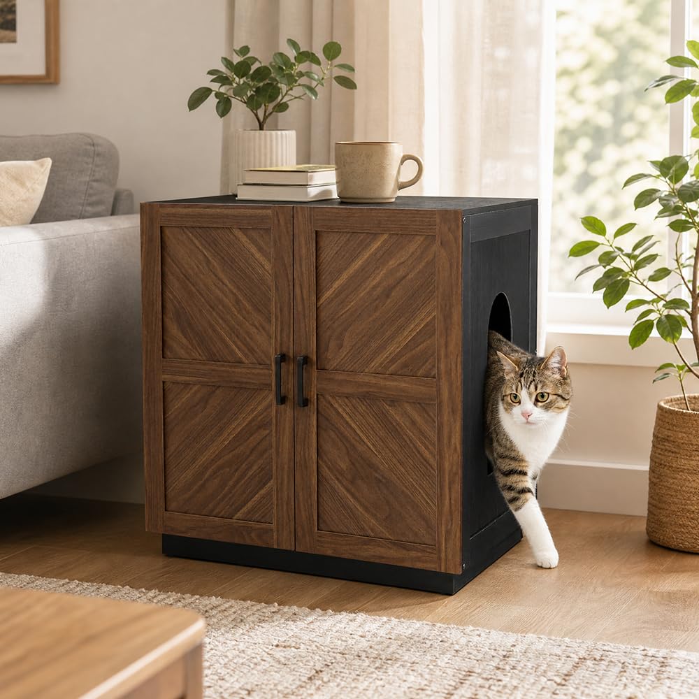 unipaws Extra Large Cat Litter Box Enclosure for Self-Cleaning & Automatic Litter Boxes, Tall Cabinet with Charging Station, Wooden Dog Proof Hidden Cat House for Top Entry Litter Box