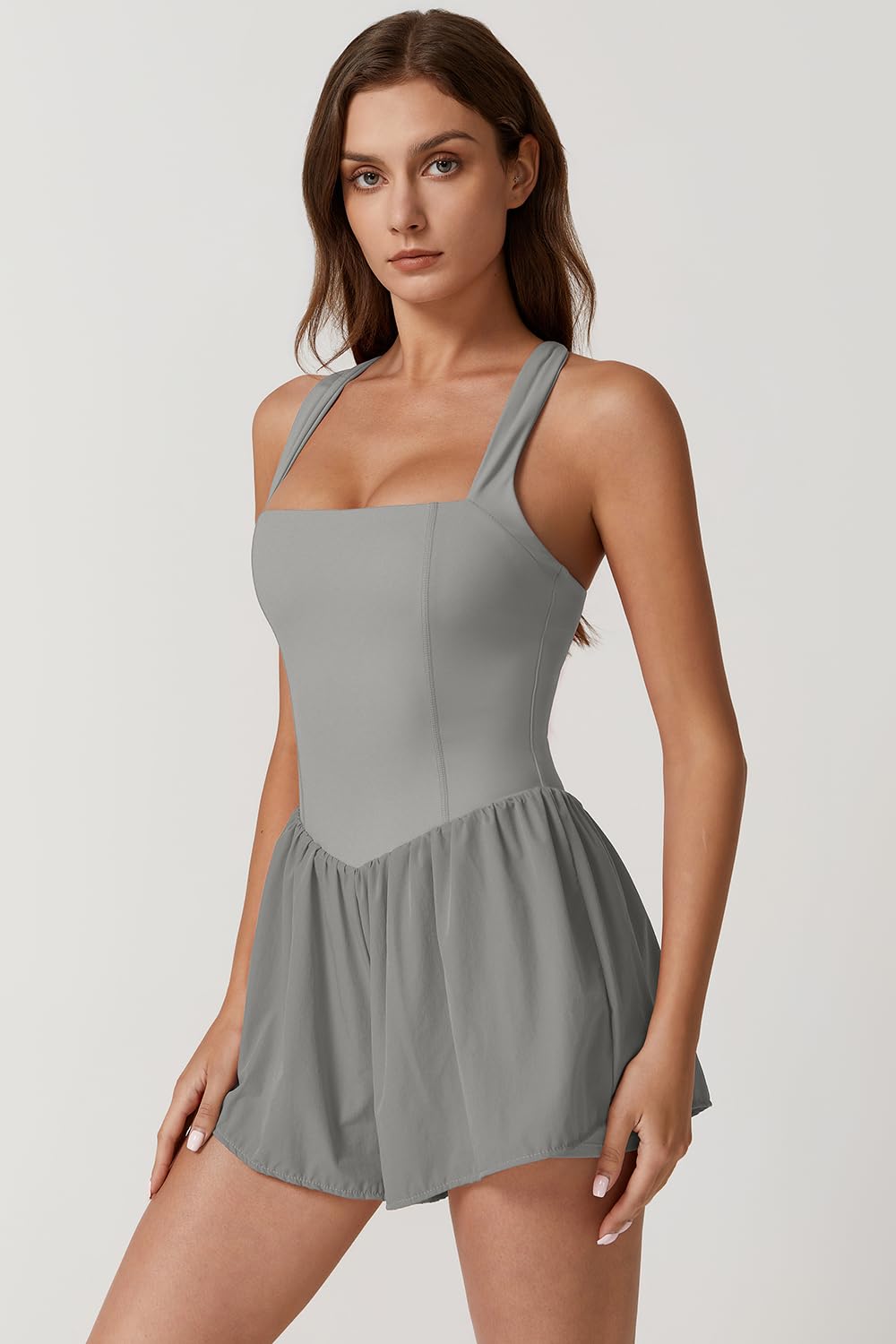 QINSEN Women's Square Neck Sleeveless Romper Jumpsuit Casual Summer One Piece Outfit with Pocket