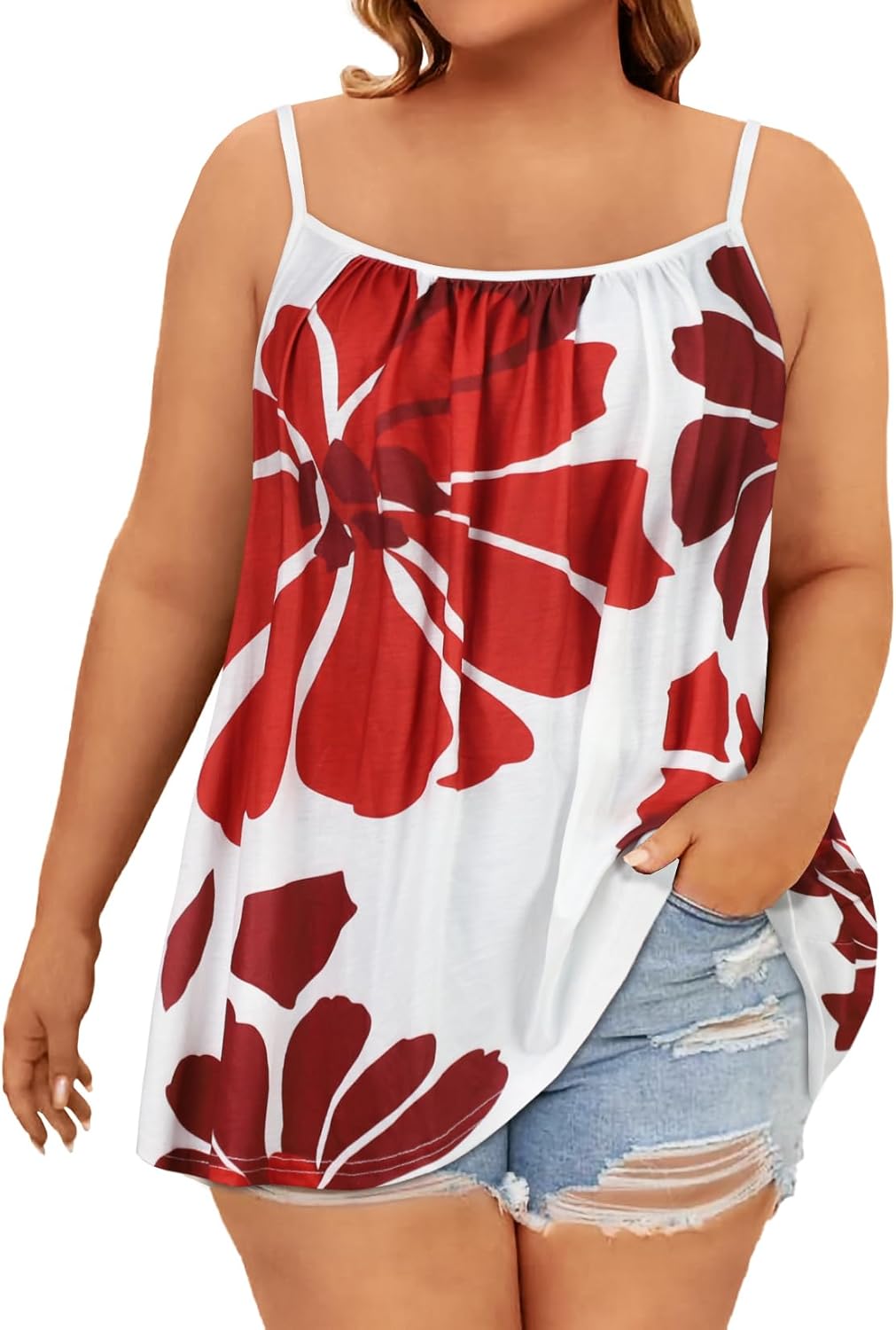 Plus Size Tank Tops for Women Boho Floral Loose Cami Spaghetti Strap Tunic Blouses