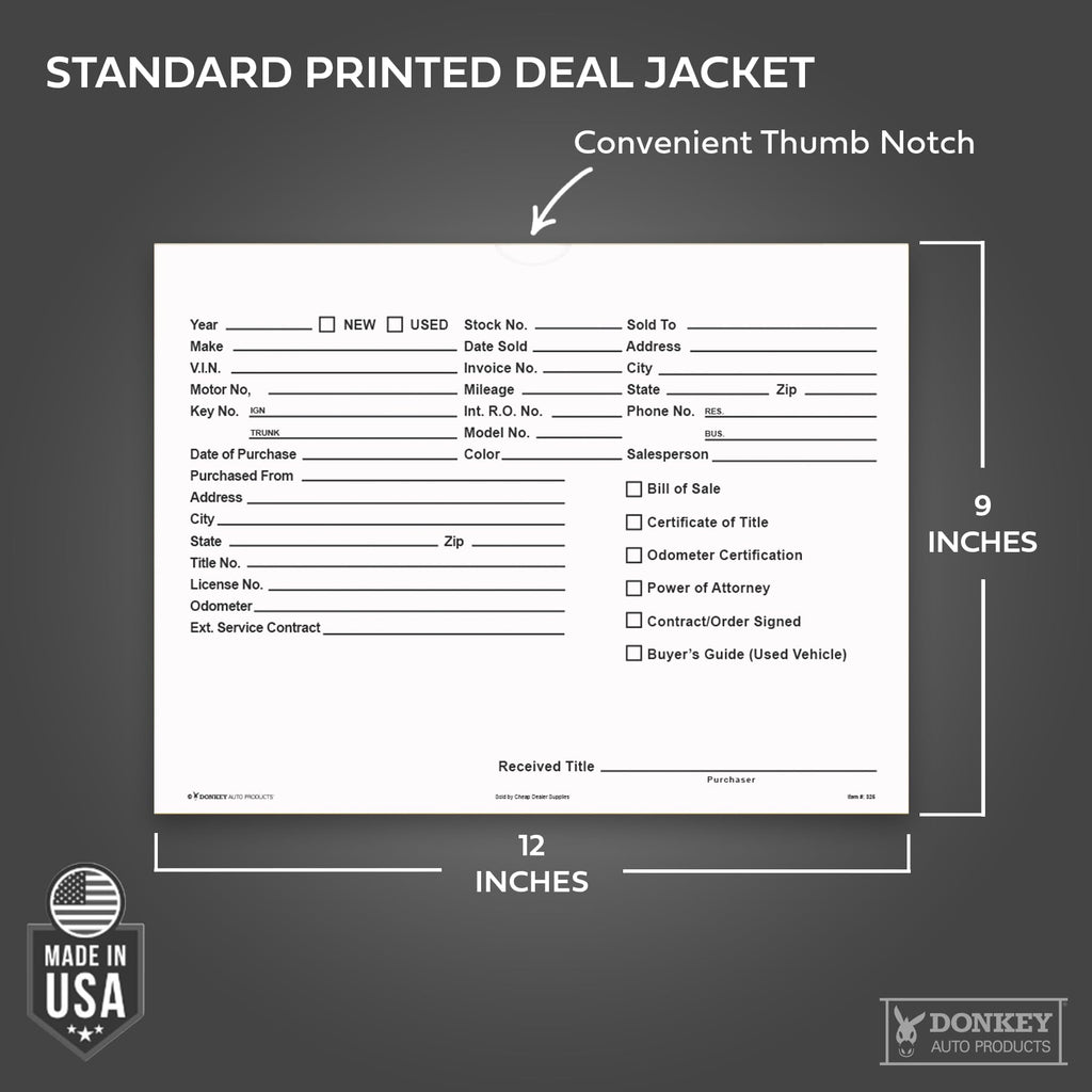 Printed Vehicle Deal Envelopes 9x12 Deal Jackets (100 shrink wrapped) (Blue)
