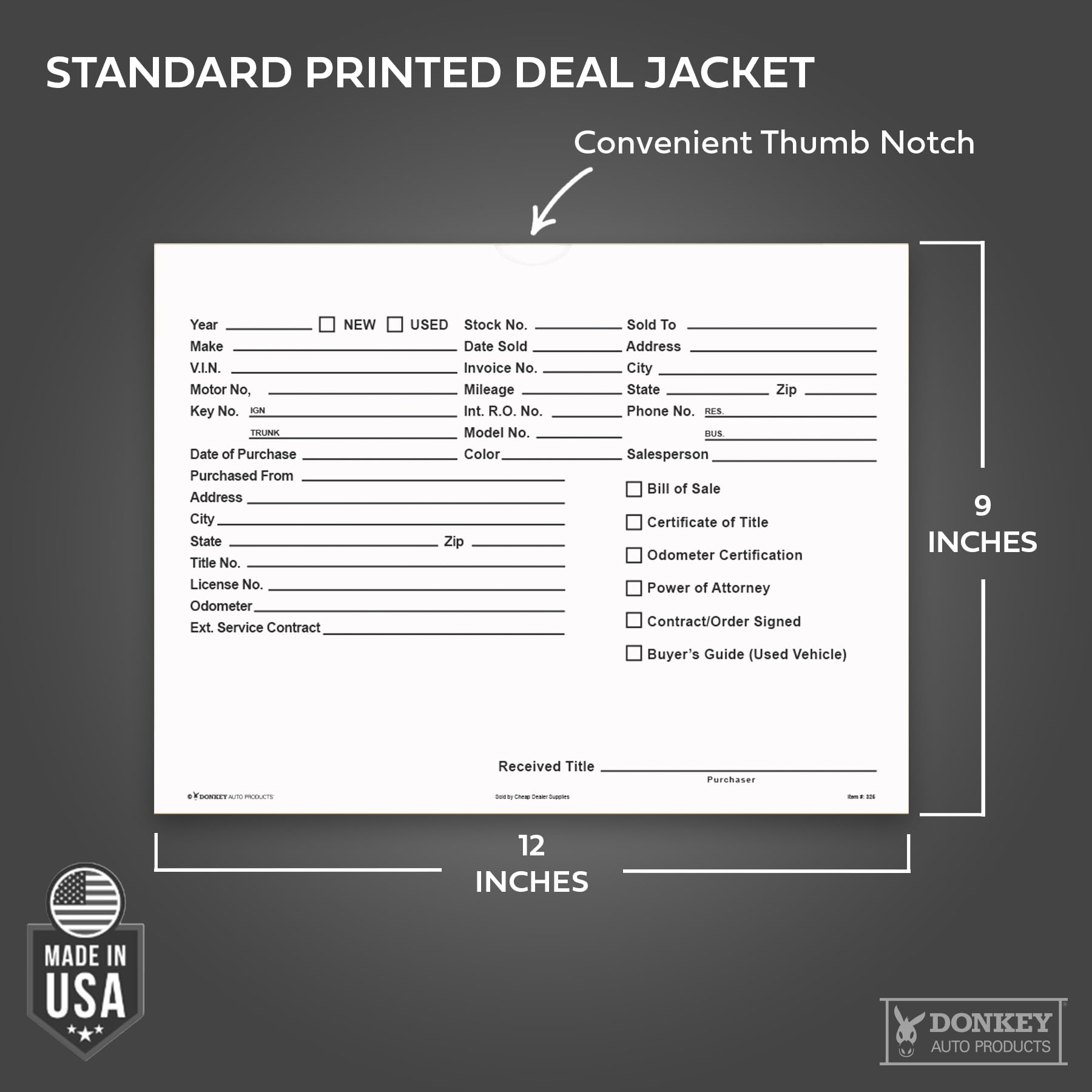 Printed Vehicle Deal Envelopes 9x12 Deal Jackets (100 shrink wrapped) (Blue)