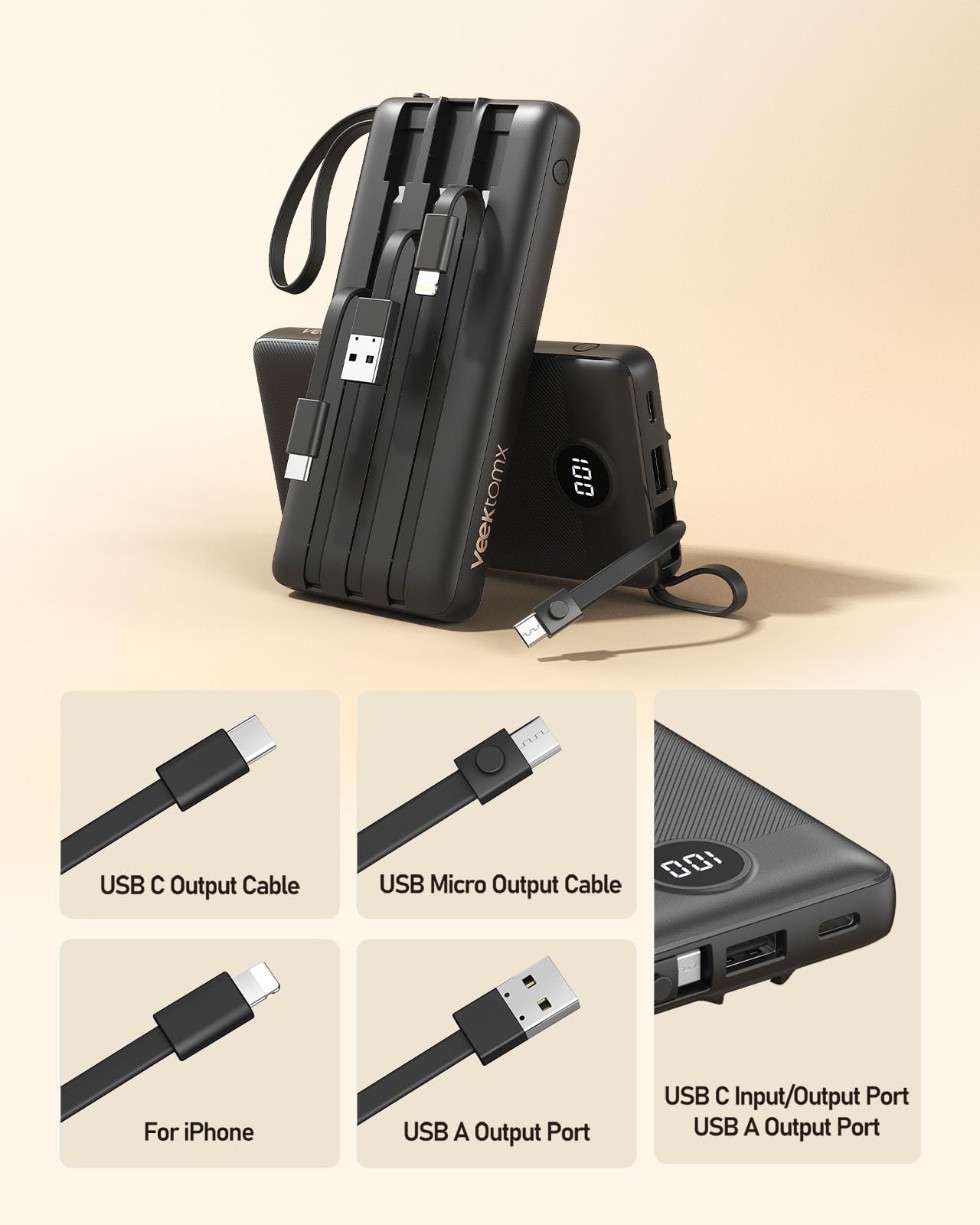 VEEKTOMX Portable Charger with 4 Built-in Cables — 10000mAh Slim Power Bank, USB-C Battery Pack with iPhone & Micro USB, TSA Approved Travel Charger for iPhone, Samsung, Android