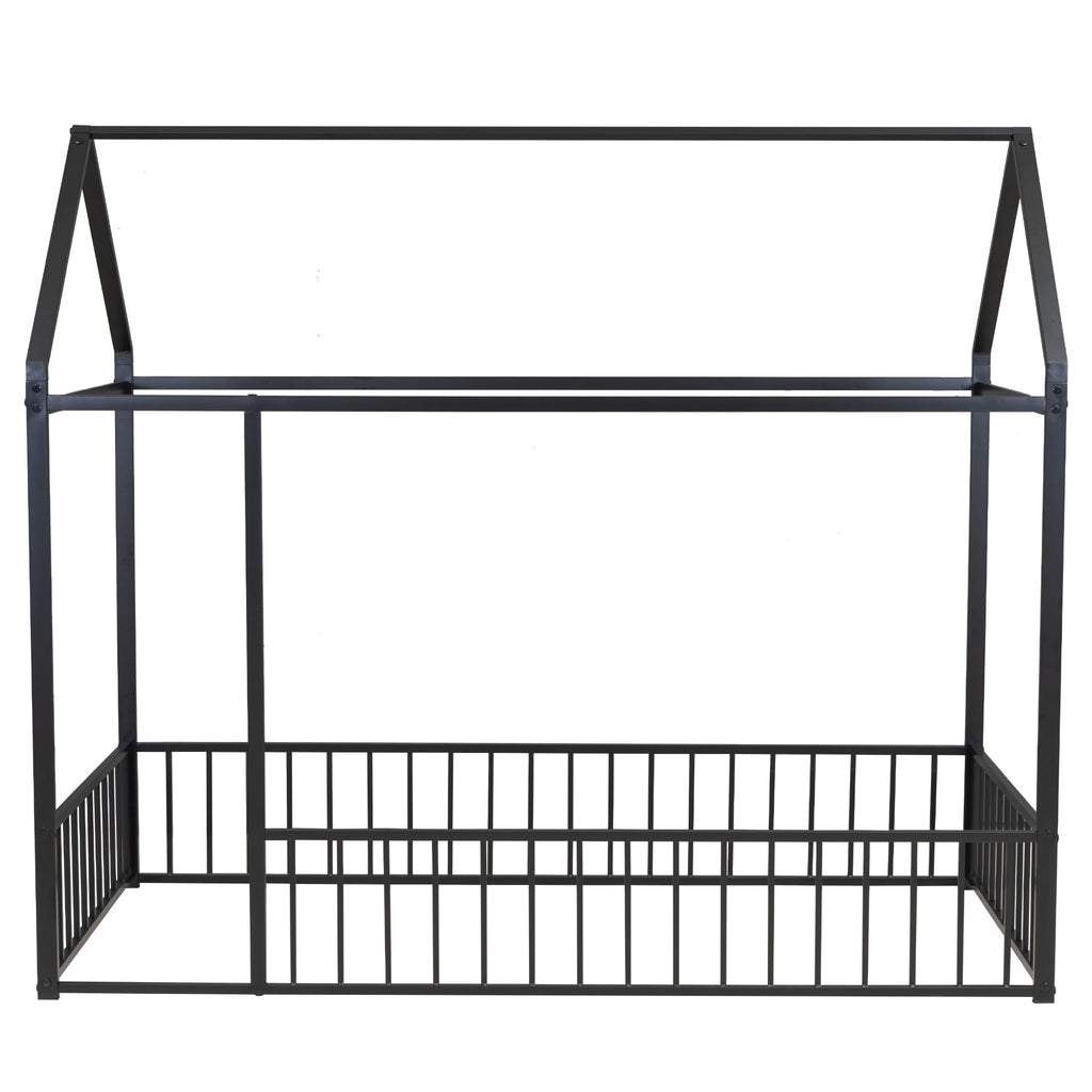 Bellemave Twin Size Montessori Floor Bed, Metal House Bed Framefor Kids, Montessori Floor Beds with Fence, Playhouse for Kids,Black