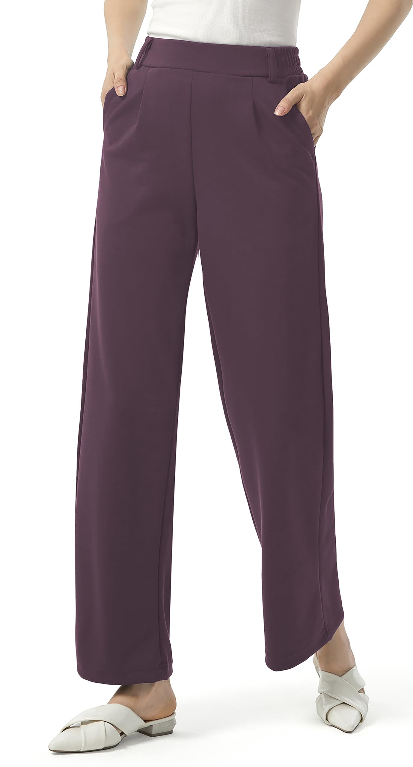 AFITNE Womens Wide Leg Work Pants High Waist Pull On Dress Pants Elastic Waistband Casual Slacks with Thick Fabric
