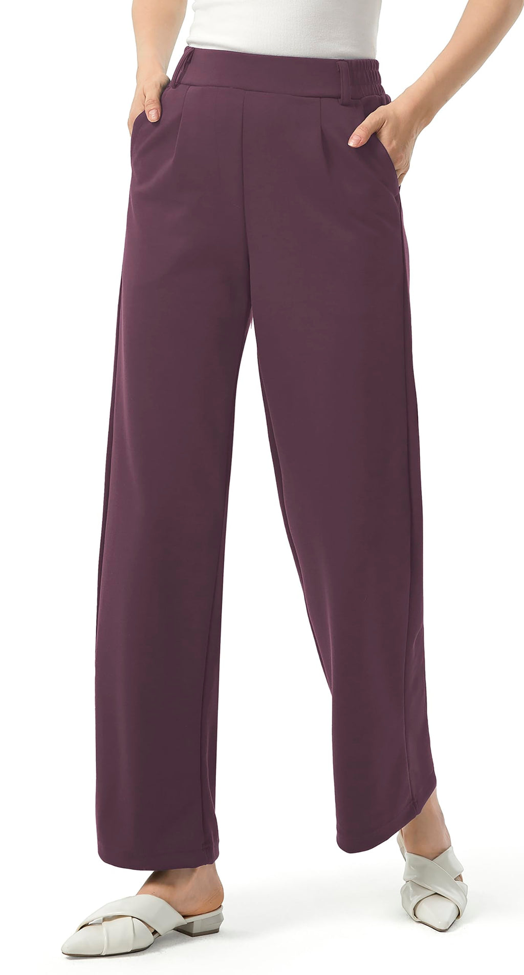 AFITNE Womens Wide Leg Work Pants High Waist Pull On Dress Pants Elastic Waistband Casual Slacks with Thick Fabric