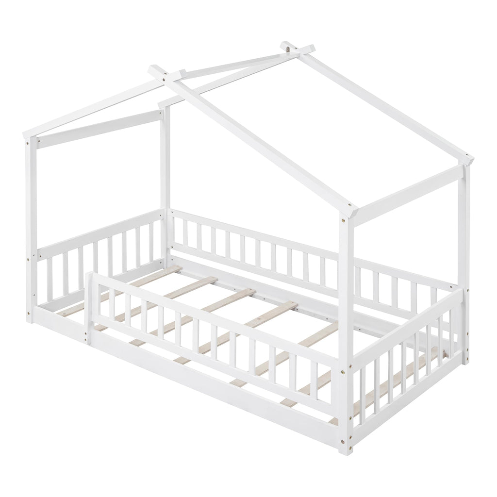 Merax Twin Size Wooden House Bed with Two Drawers, Wood Bed Frame with Roof for Kids, Teens, Boys or Girls, Grey