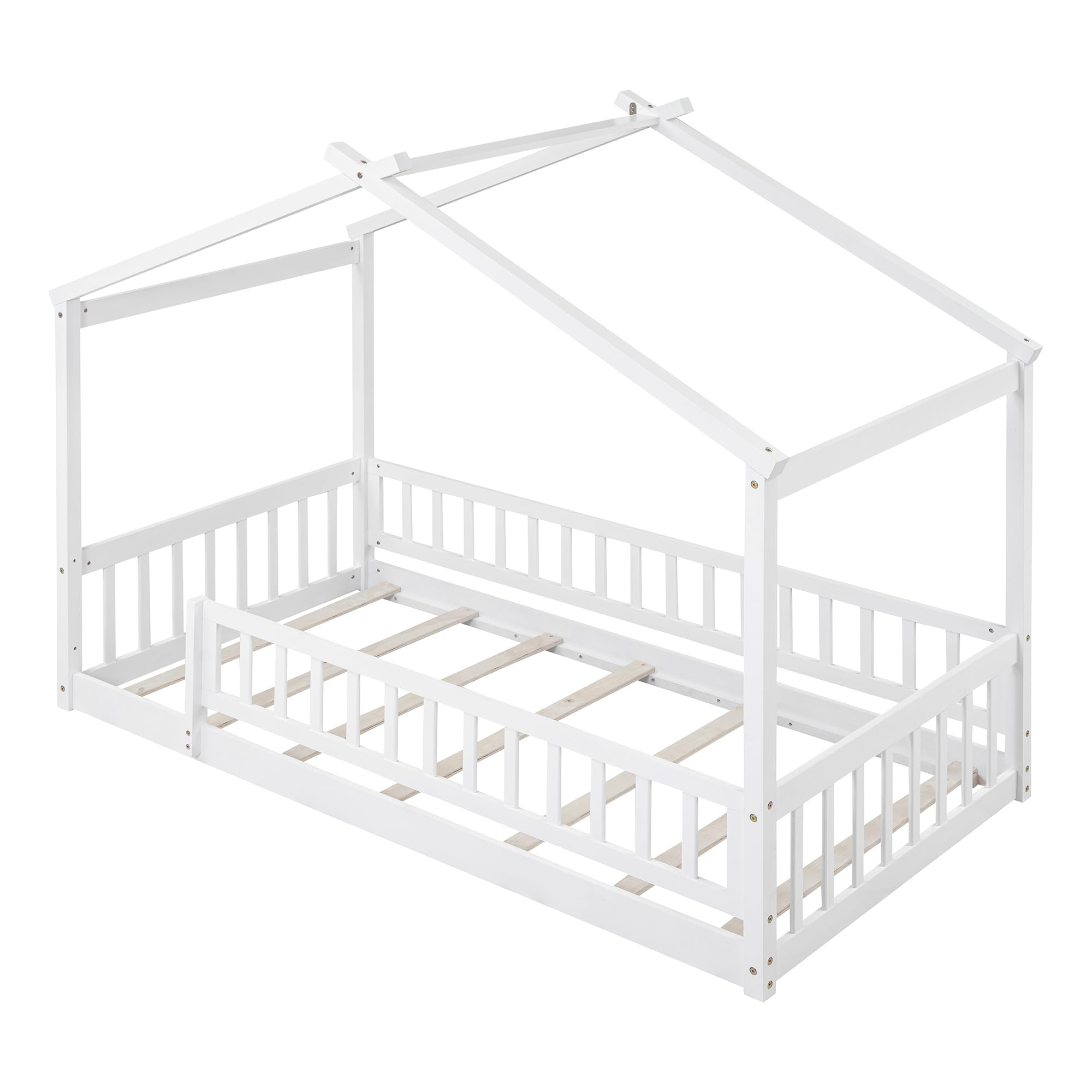 Merax Twin Size Wooden House Bed with Two Drawers, Wood Bed Frame with Roof for Kids, Teens, Boys or Girls, Grey