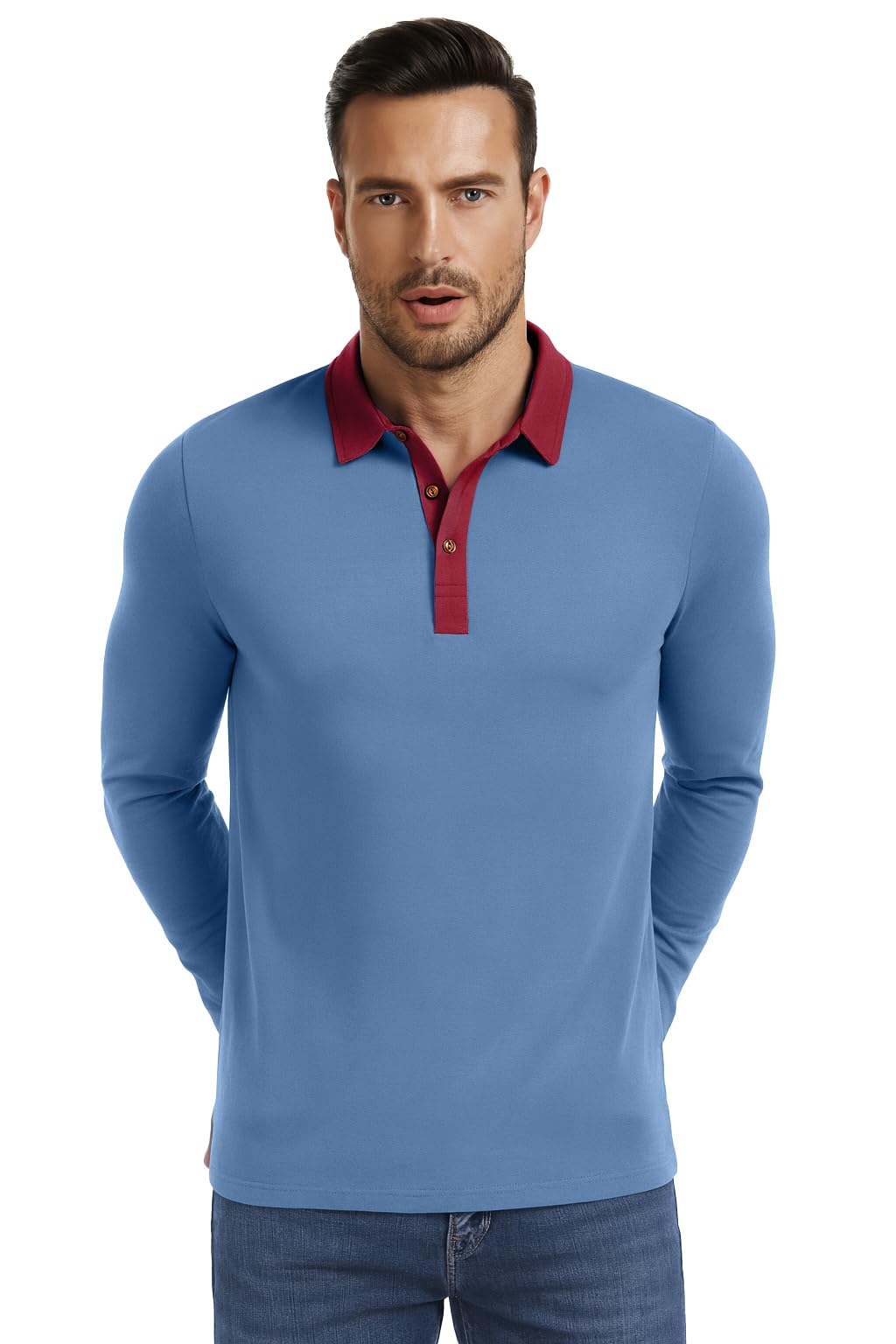 PEGENO Mens Polo Short/Long Sleeve Shirt Classic Button Basic Solid Color Designed Collared Polo Shirt Fashion Casual Shirts