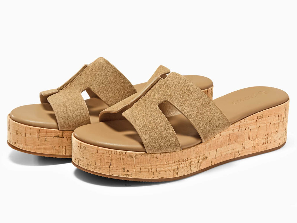 Coutgo Women's Platform Wedge Sandals Open Toe Slip On Slides Cork Heeled Cutout Comfortable Summer Shoes