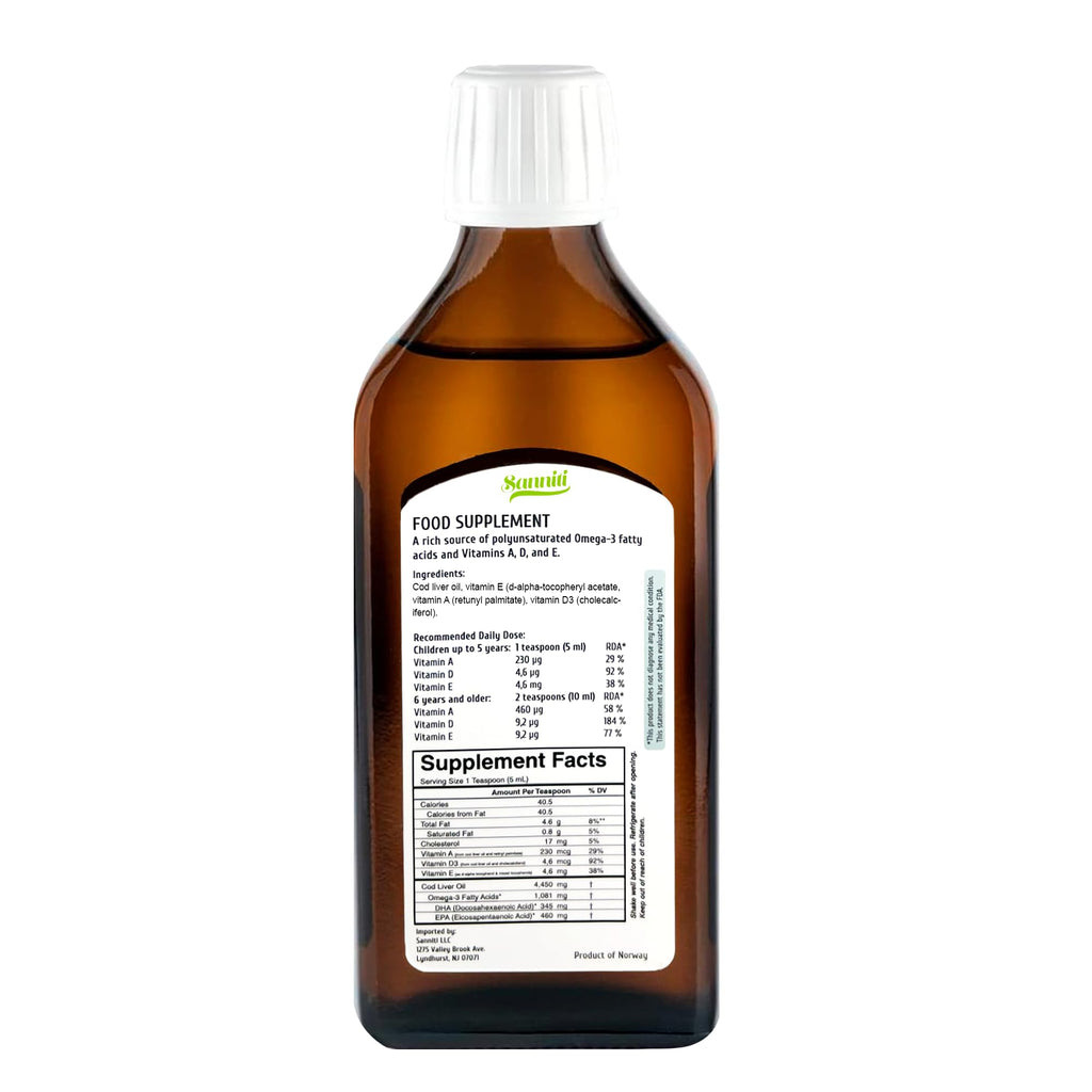 Sanniti 100% Natural Cod Liver Oil, 1081 mg Total Omega-3 Fatty Acids, Wild Caught Nordic, 250 mL (8.4 oz) (Lemon)