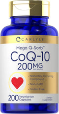Carlyle CoQ10 200mg | 200 Capsules | Mega Q-Sorb Coenzyme Q-10 | Vegetarian, Non-GMO, Gluten Free Supplement