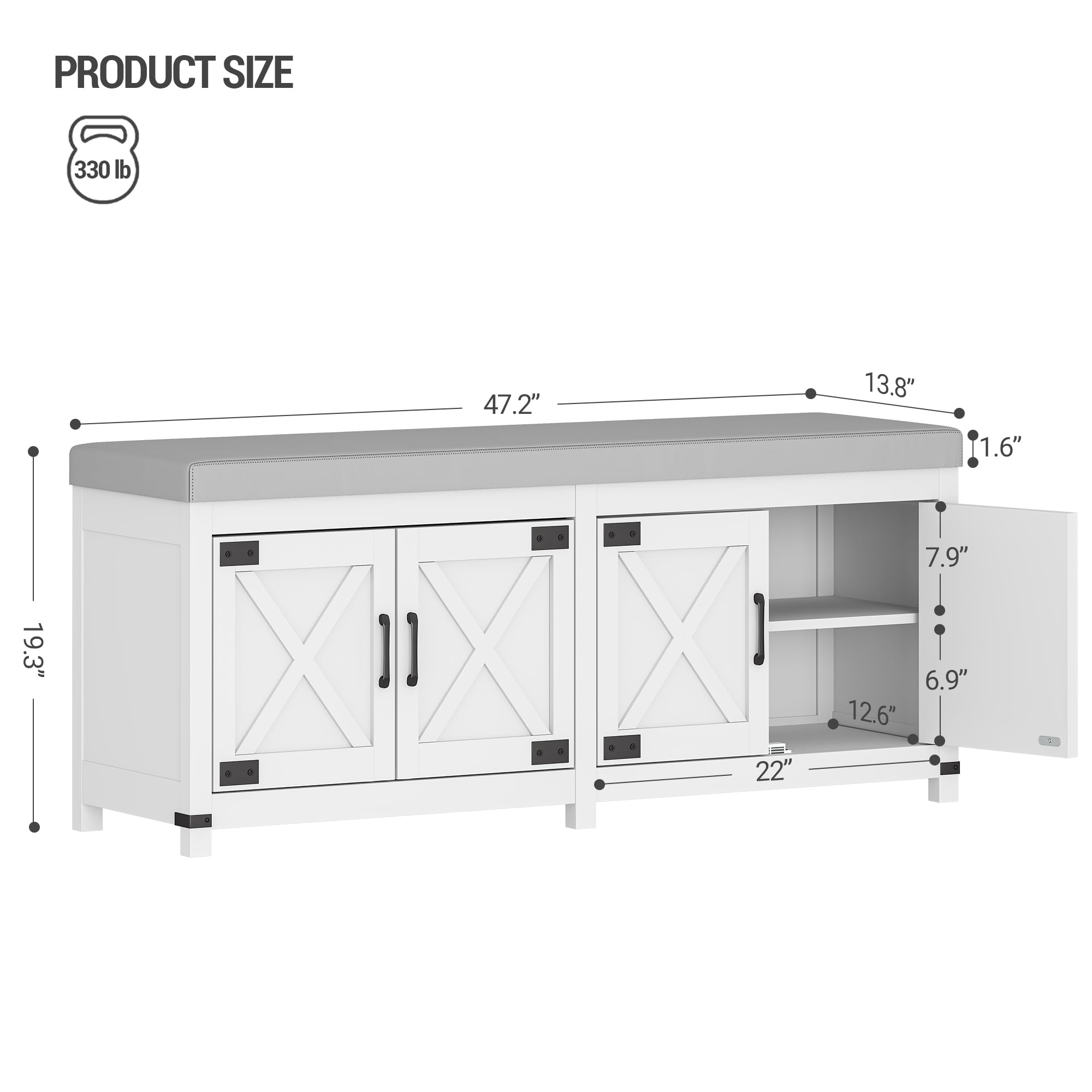 Hzuaneri Shoe Storage Bench, 2 Tier Shoe Bench with Padded Seat Cushion & 2 Barn Doors, Entryway Bench with Adjustable Shelf, Farmhouse Shoe Cabinet for Living Room, Bedroom, Antique White SB26214KA