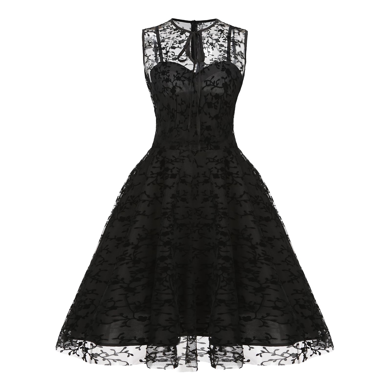 Women Mesh Floral Embroidery Vintage Cocktail Swing Dress Illusion 50s Goth Flared A line Casual Wedding Prom Evening Dress