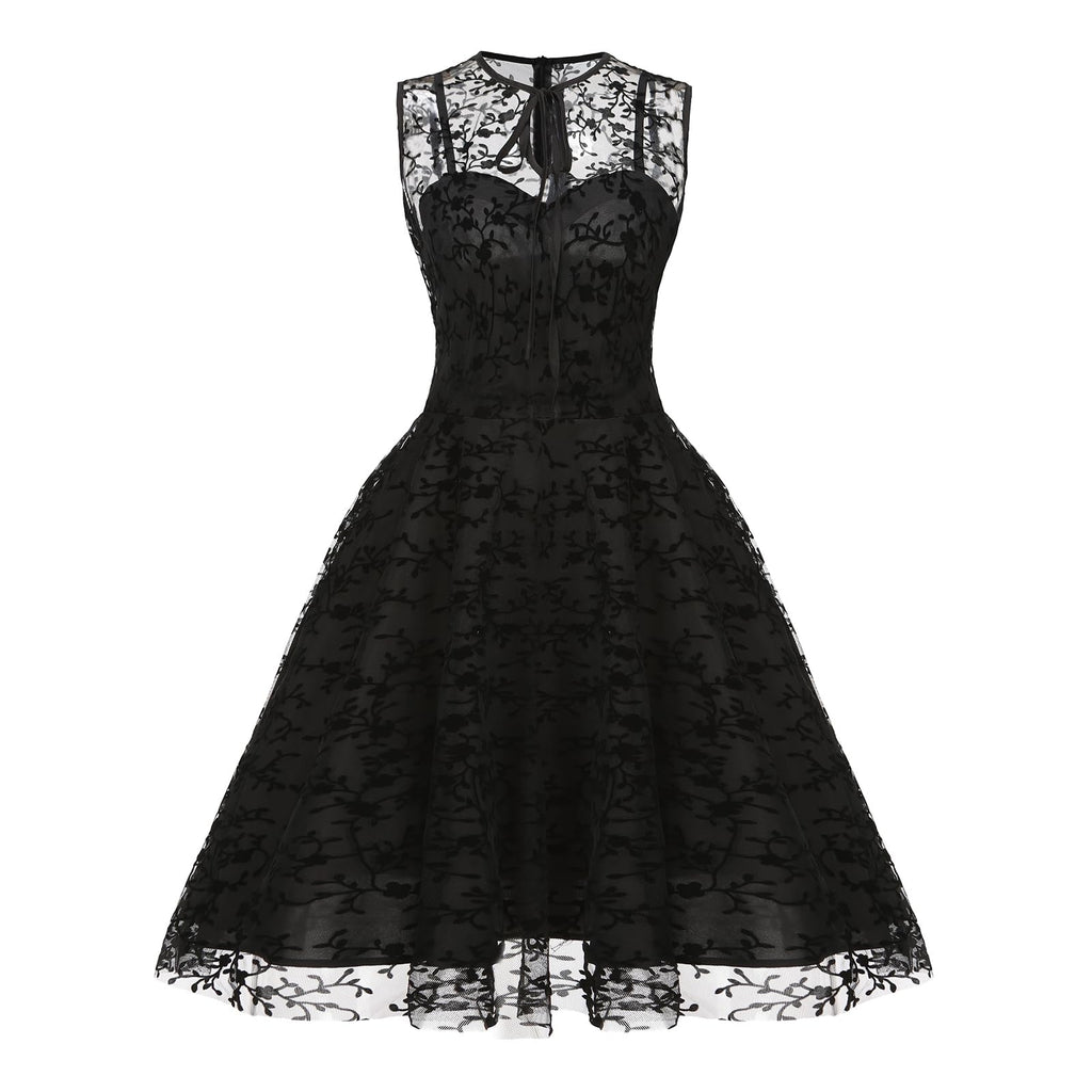 Women Mesh Floral Embroidery Vintage Cocktail Swing Dress Illusion 50s Goth Flared A line Casual Wedding Prom Evening Dress