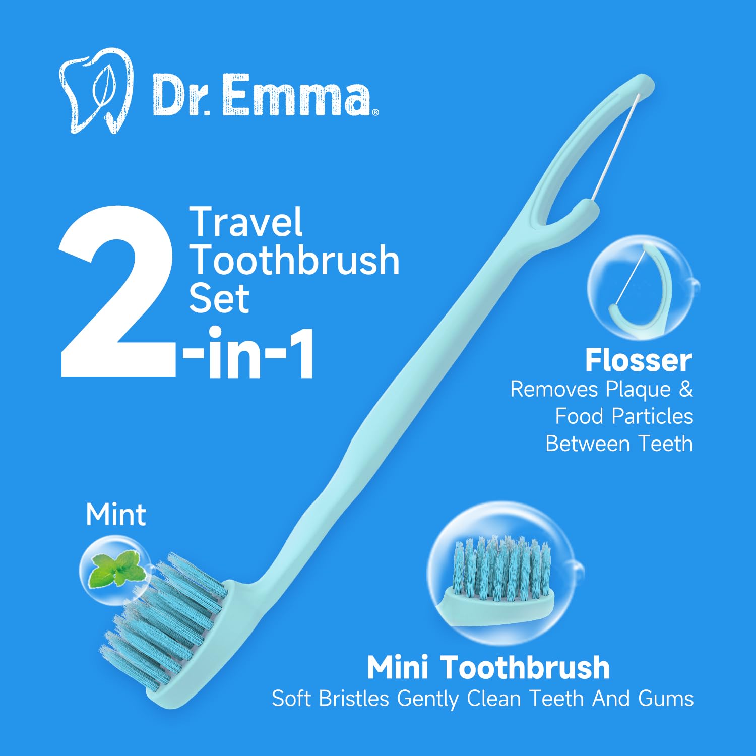 Dr. Emma Mini Brush Disposable Toothbrushes with Floss, Travel Mint Toothbrush for On-the-Go Use, 24 Packs Individually Wrapped Small Portable Toothbrush, Blue