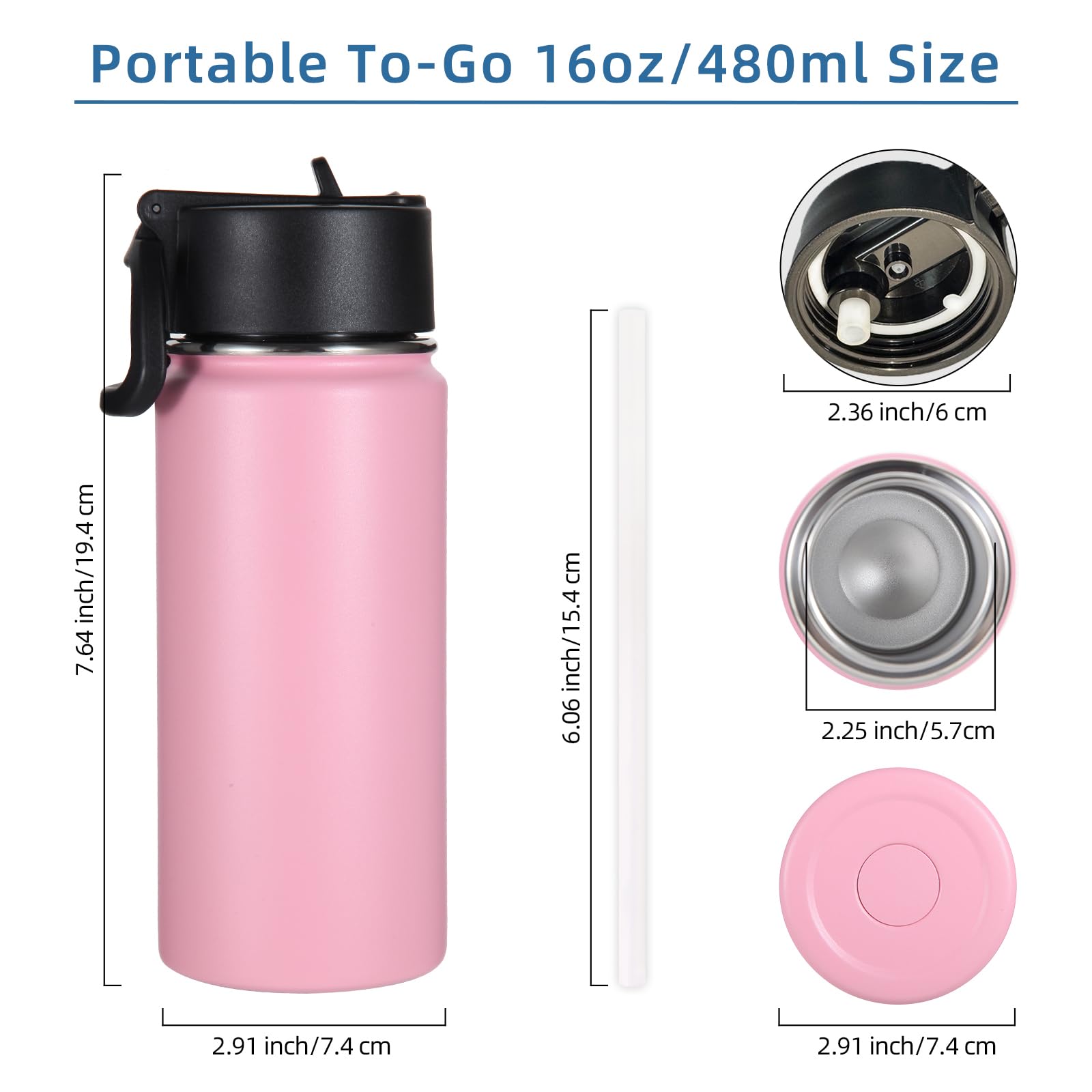 Volhoply Kids Insulated Water Bottle with Straw,16oz Stainless Steel Cold Water Bottles for School,BPA-Free Metal Wide Mouth Cups with Handle Lid,Reusable Double Wall Vacuum Sport Flask(Black,1)