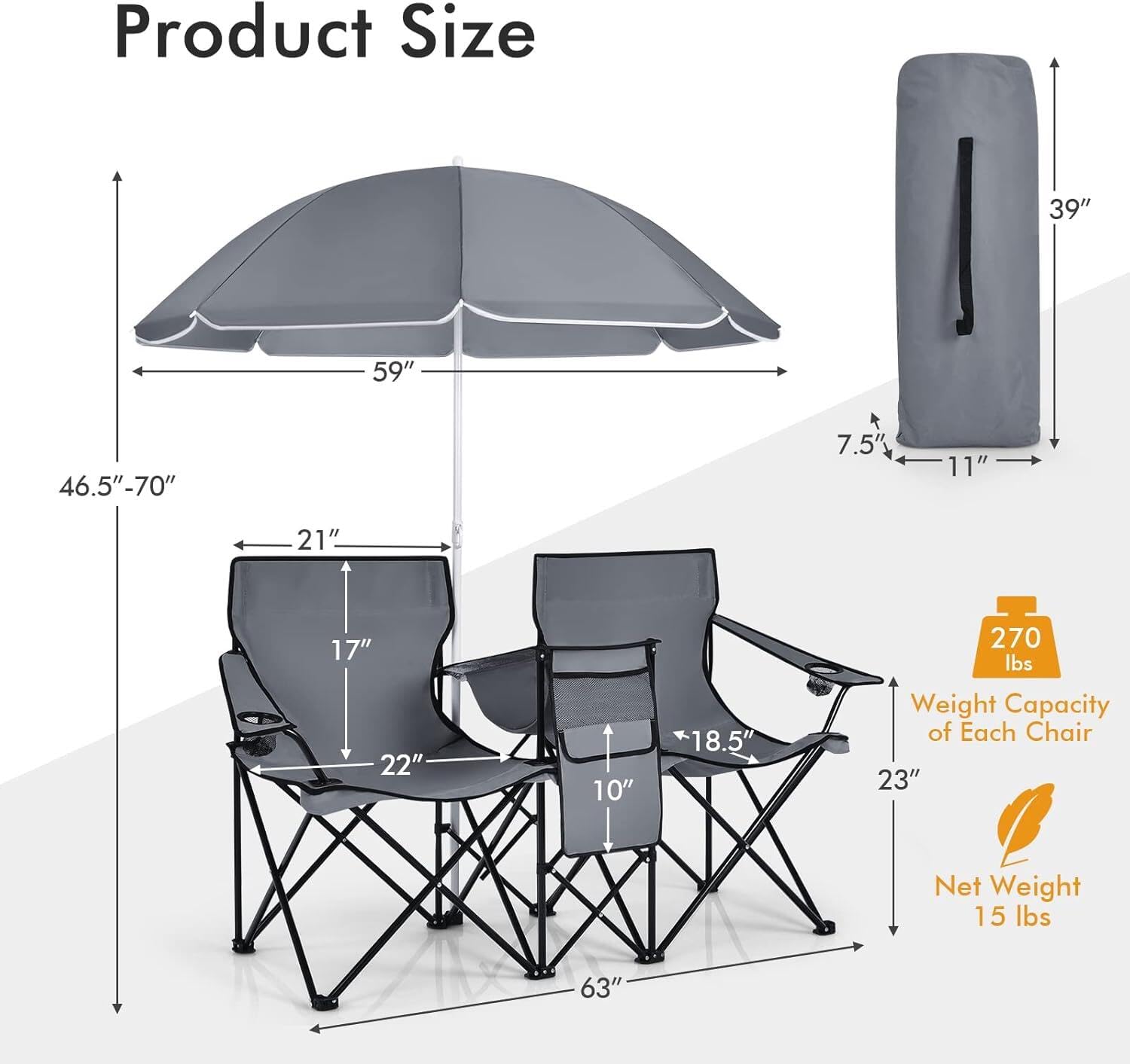 COSTWAY Double Portable Picnic Chairs, Folding Camping Chairs w/Detachable Umbrella, Cooler Bag, Cup Holders, Patio Beach Camping Chairs for Outdoors