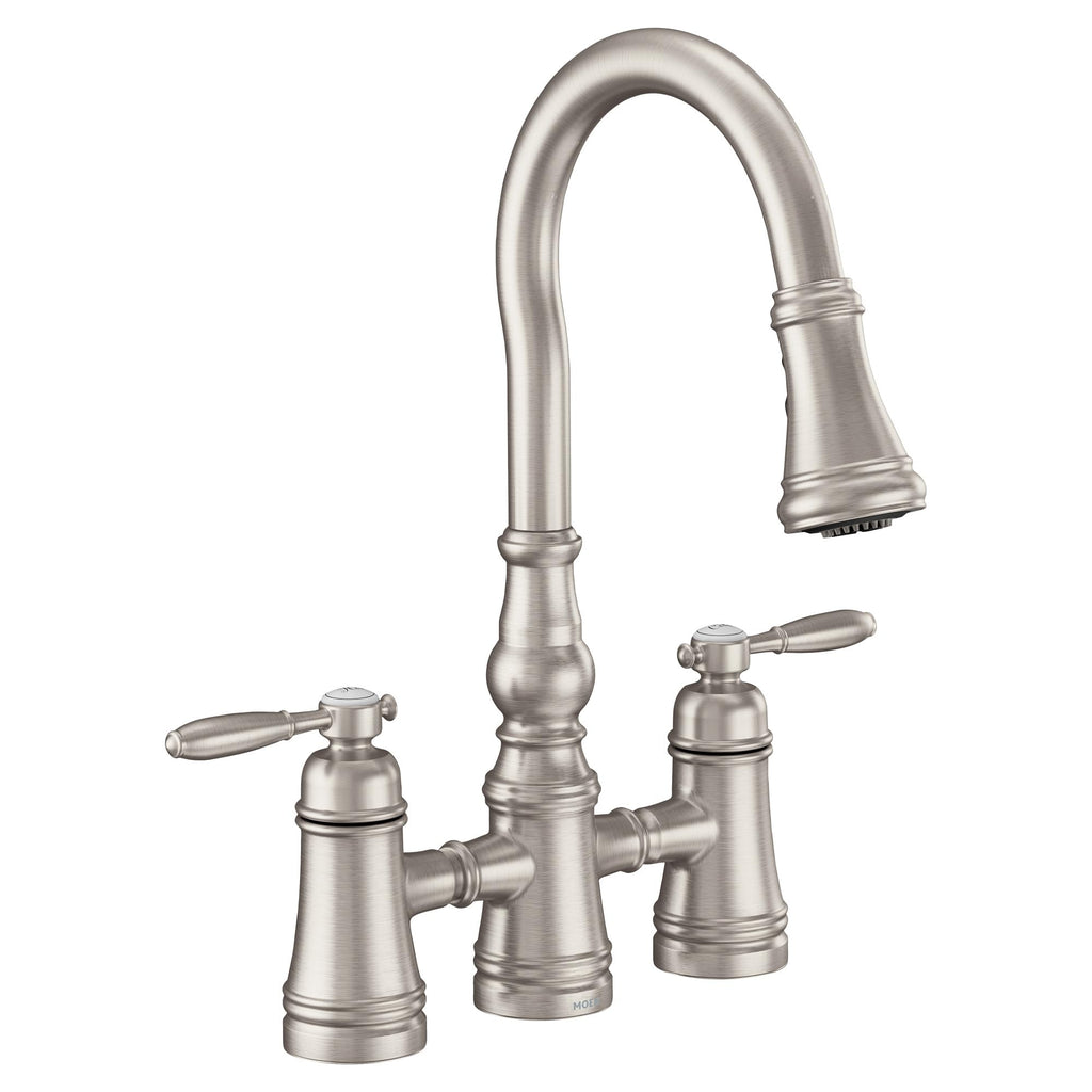 Moen Brushed Gold Weymouth Two Handle Pulldown Bridge Kitchen Faucet, S73204BG