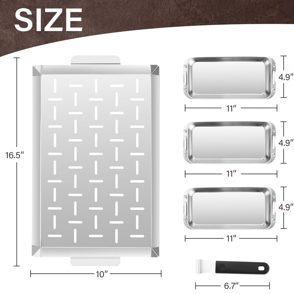 BBQ Vegetable Grill Basket Set, 4 Piece Stainless Steel Grill Pan Set with Universal Handle & lid, Dishwasher Safe, for Outdoor Cooking, Camping, Picnic, For Grilling Fish Veggies & Meats