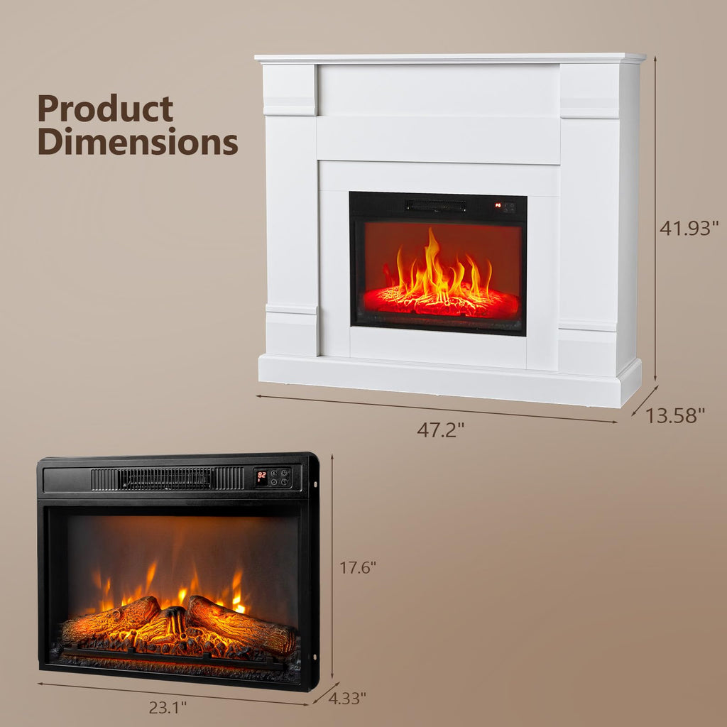 ROVSUN 47'' Electric Fireplace with Mantel, Freestanding Heater with Timer, 6 Realistic Flames & Adjustable Temperature for Home Bedroom Living Room Indoor, 1400W