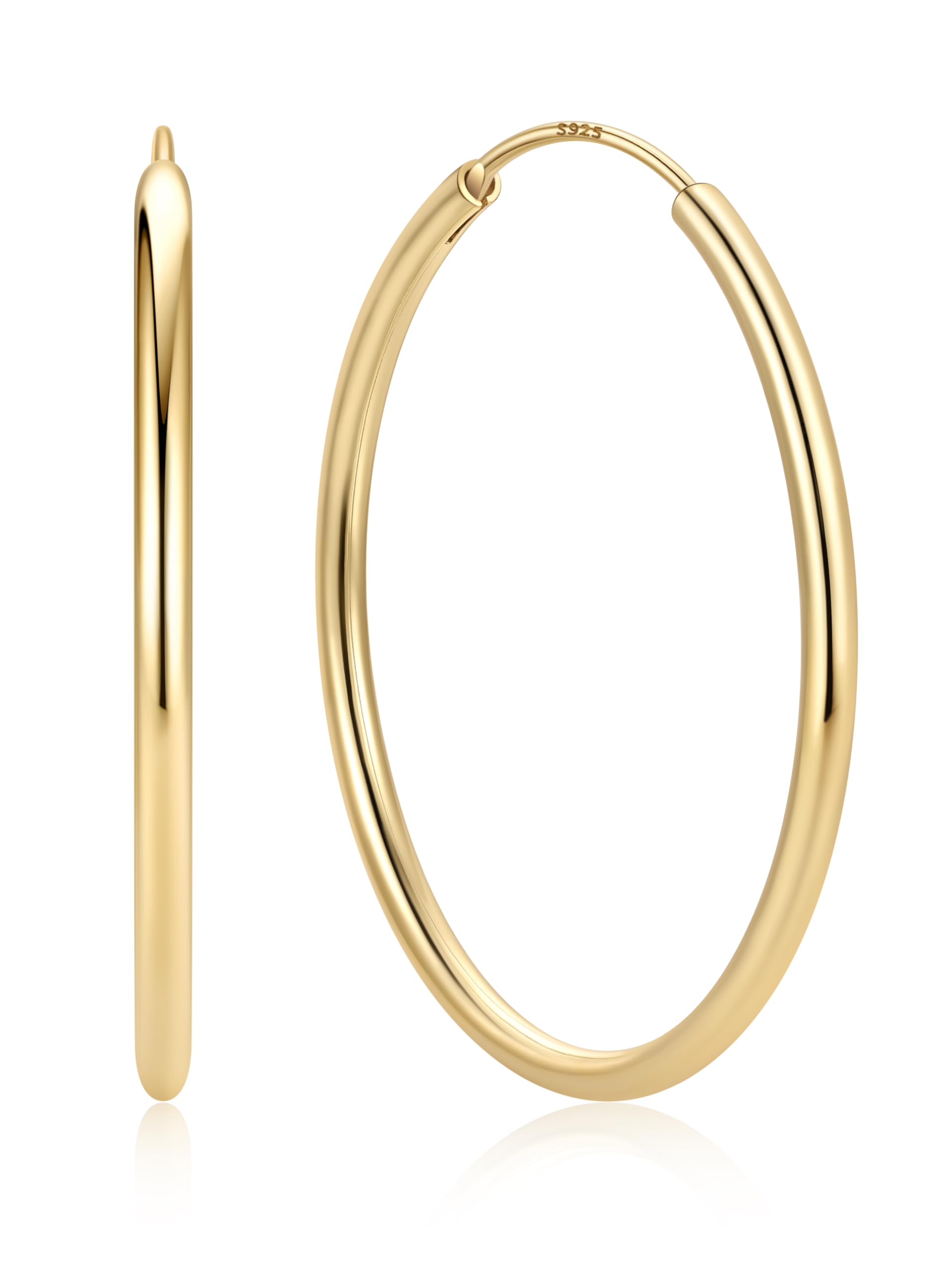 ChicSilver 925 Sterling Silver Hoop Earrings for Women Hypoallergenic, Lightweight Large Gold Plated Silver Hoop Earrings, Endless Hoops Earring 20/30/40/50/60/70MM