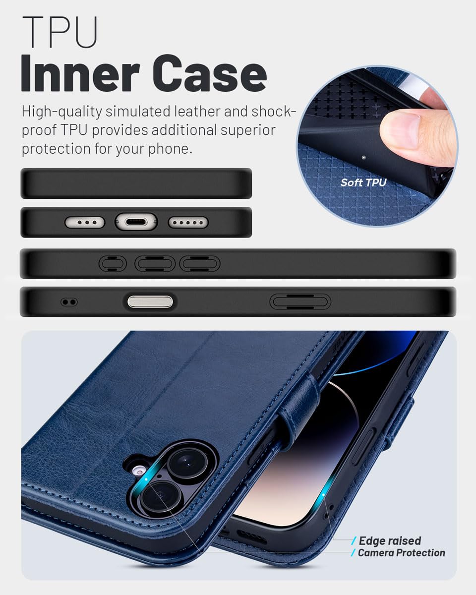 OCASE Compatible with iPhone 16 Wallet Case, PU Leather Flip Folio Case with Card Holders RFID Blocking Kickstand [Shockproof TPU Inner Shell] Phone Cover 6.1 Inch 2024, Black