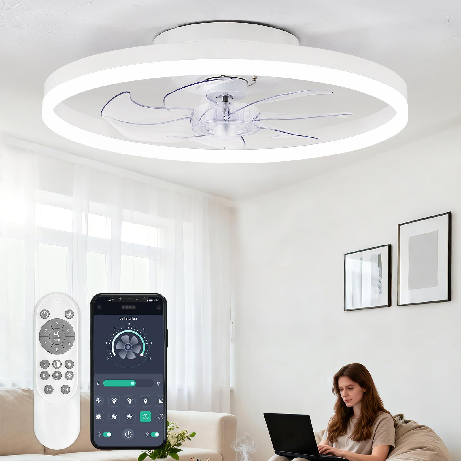 16 Inch RGB Low Profile Ceiling Fans with Lights, Modern Flush Mount Fandelier Chandelier Fixture, Remote & APP Control, Black LED Ceiling Fan Light for Bedroom, Living Room, Kitchen Indoor