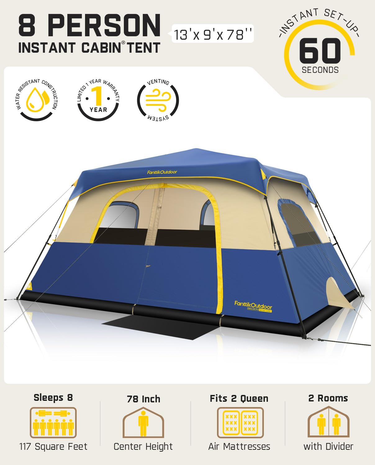 FanttikOutdoor Camping Tent 4/6/8/10 Person Instant Cabin Tent Setup in 60 Seconds with Rainfly & Windproof Portable with Carry Bag for Family Camping & Hiking, Upgraded Ventilation, Navy Blue