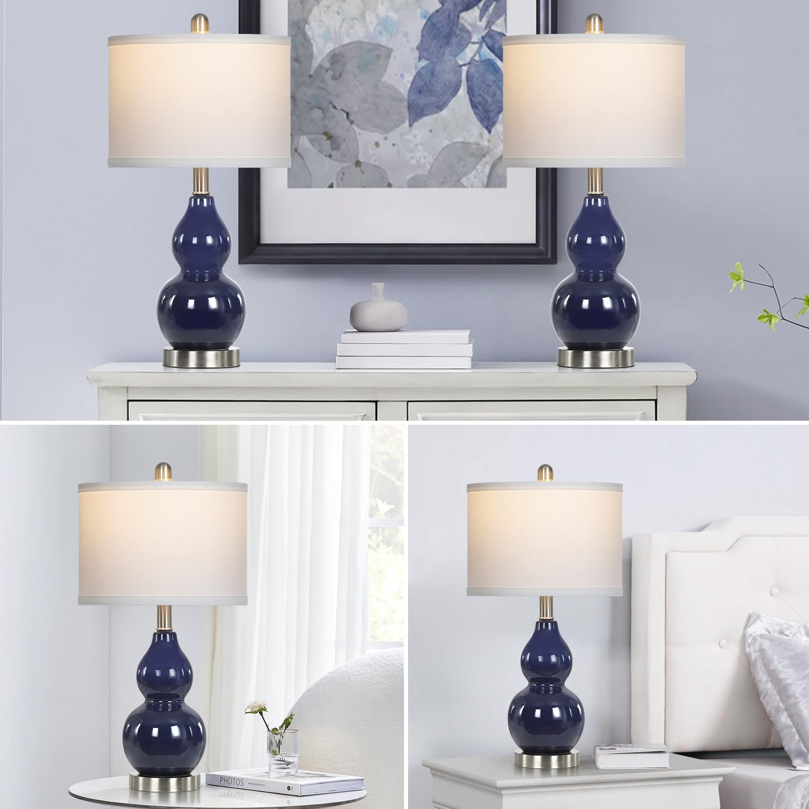 Rinweey Double Gourd Ceramic Table Lamps Set of 2, Modern Blue Bedside Lamps for Night Stand, Contemporary Nightstand Lamps for Bedroom Living Room (Bulb Included)