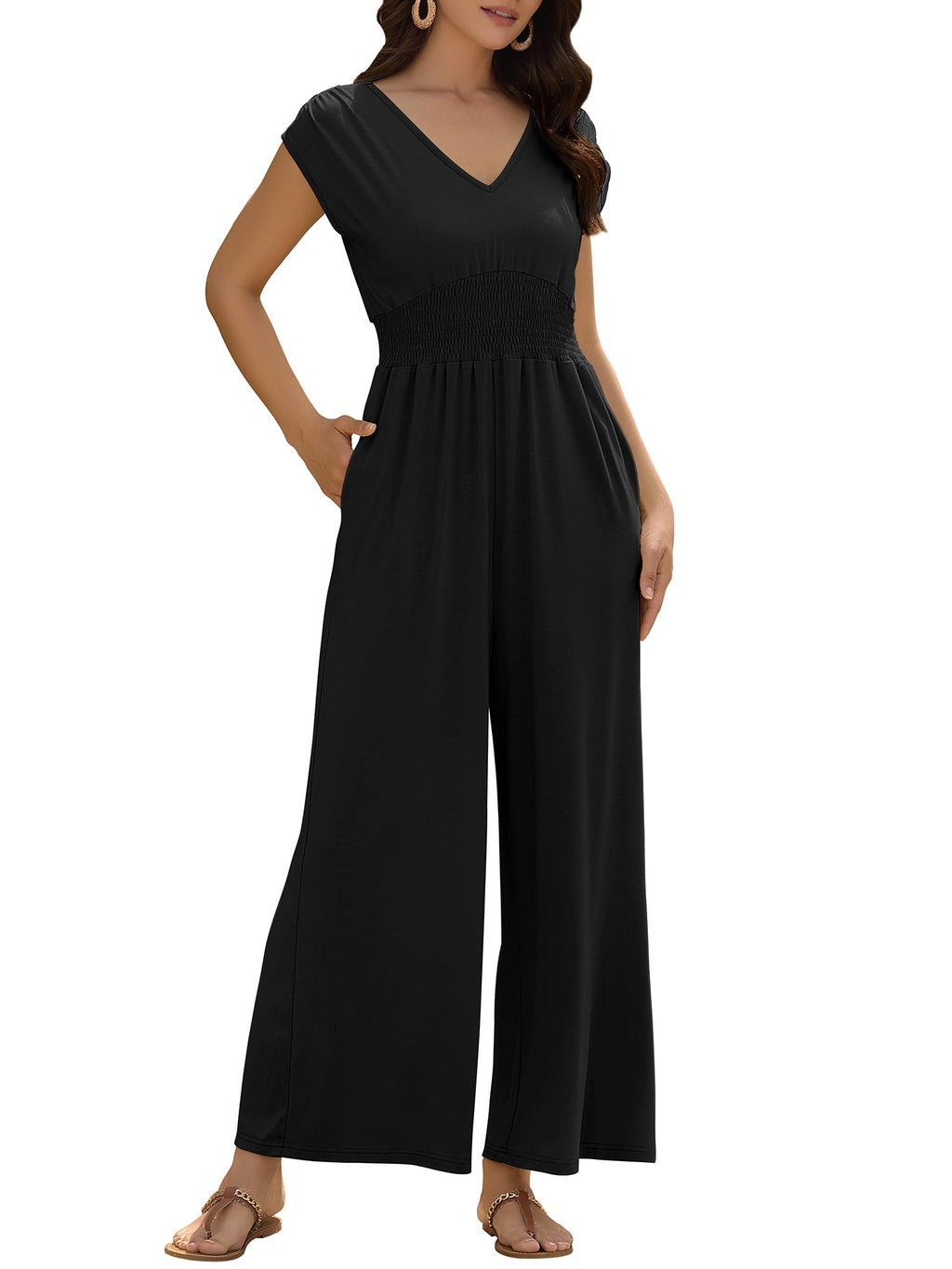 ZAFUL Womens Summer Jumpsuits 2026 Smocked Waist Dressy Casual One Piece Outfits with Pockets