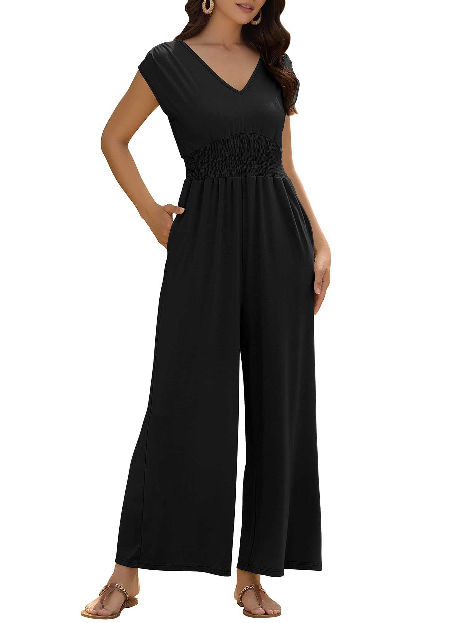 ZAFUL Womens Summer Jumpsuits 2026 Smocked Waist Dressy Casual One Piece Outfits with Pockets