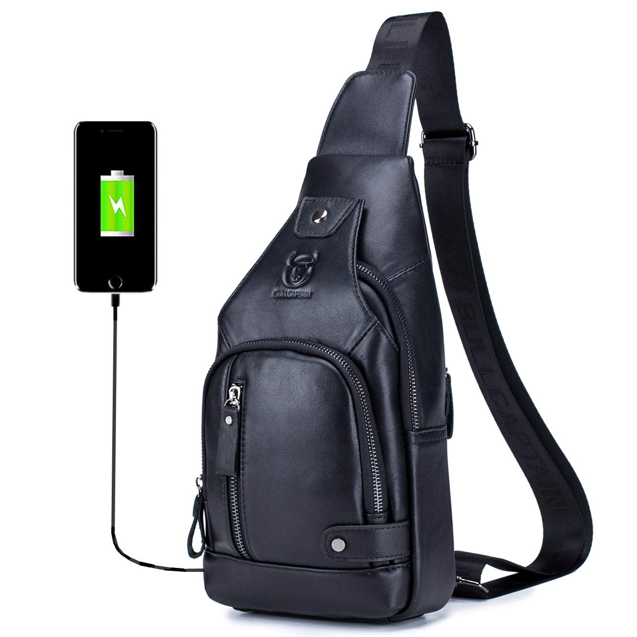BULLCAPTAIN Genuine Leather Sling Bag for Men XB-129 | USB Charging Port, Multi-pocket, Chest Bag, Hiking Travel Daypack