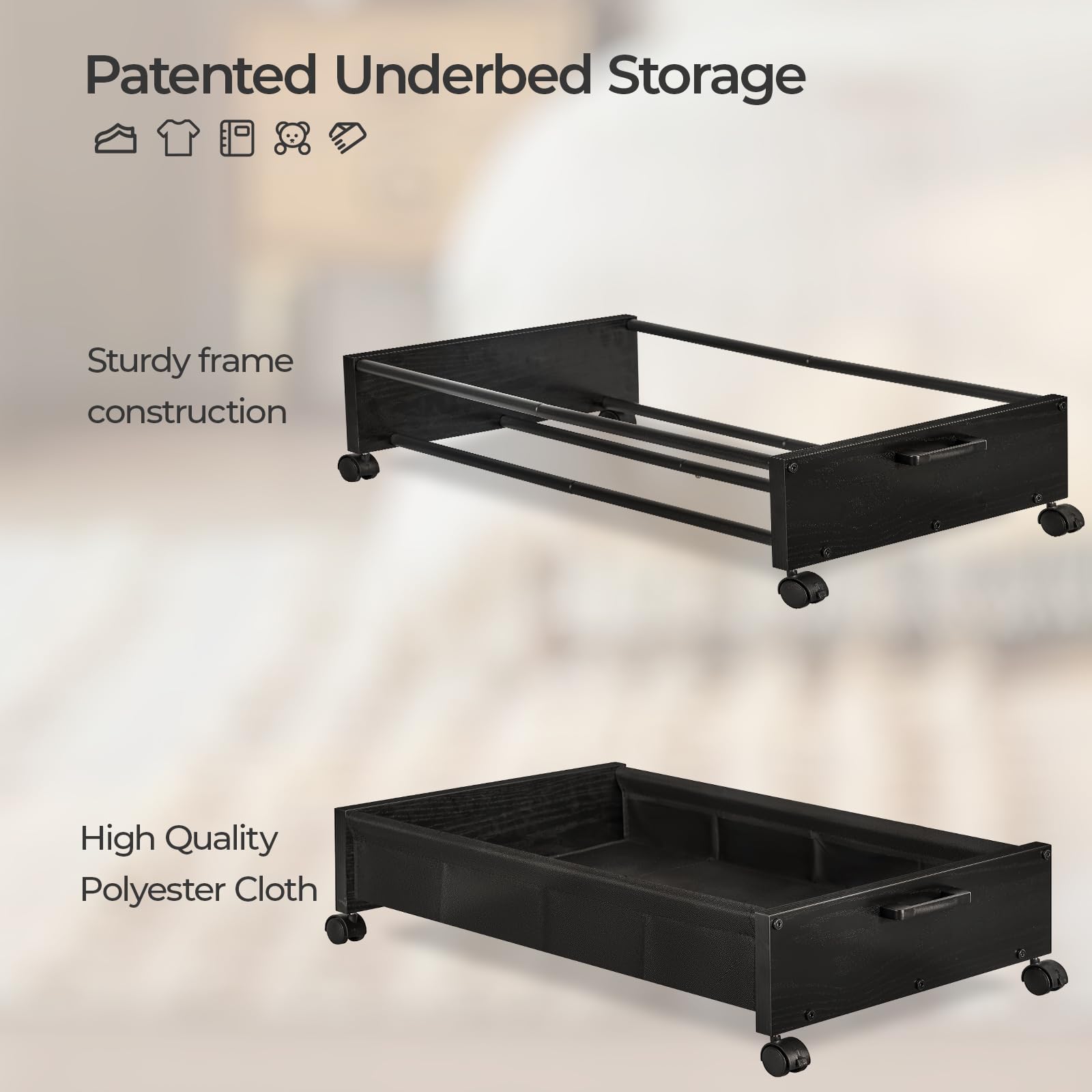 FOUCSSOMEI Under Bed Storage with Wheels, Wooden Under Bed Drawers On Wheels, Rolling Under Bed Shoe Storage, Space Saving, Black,30L