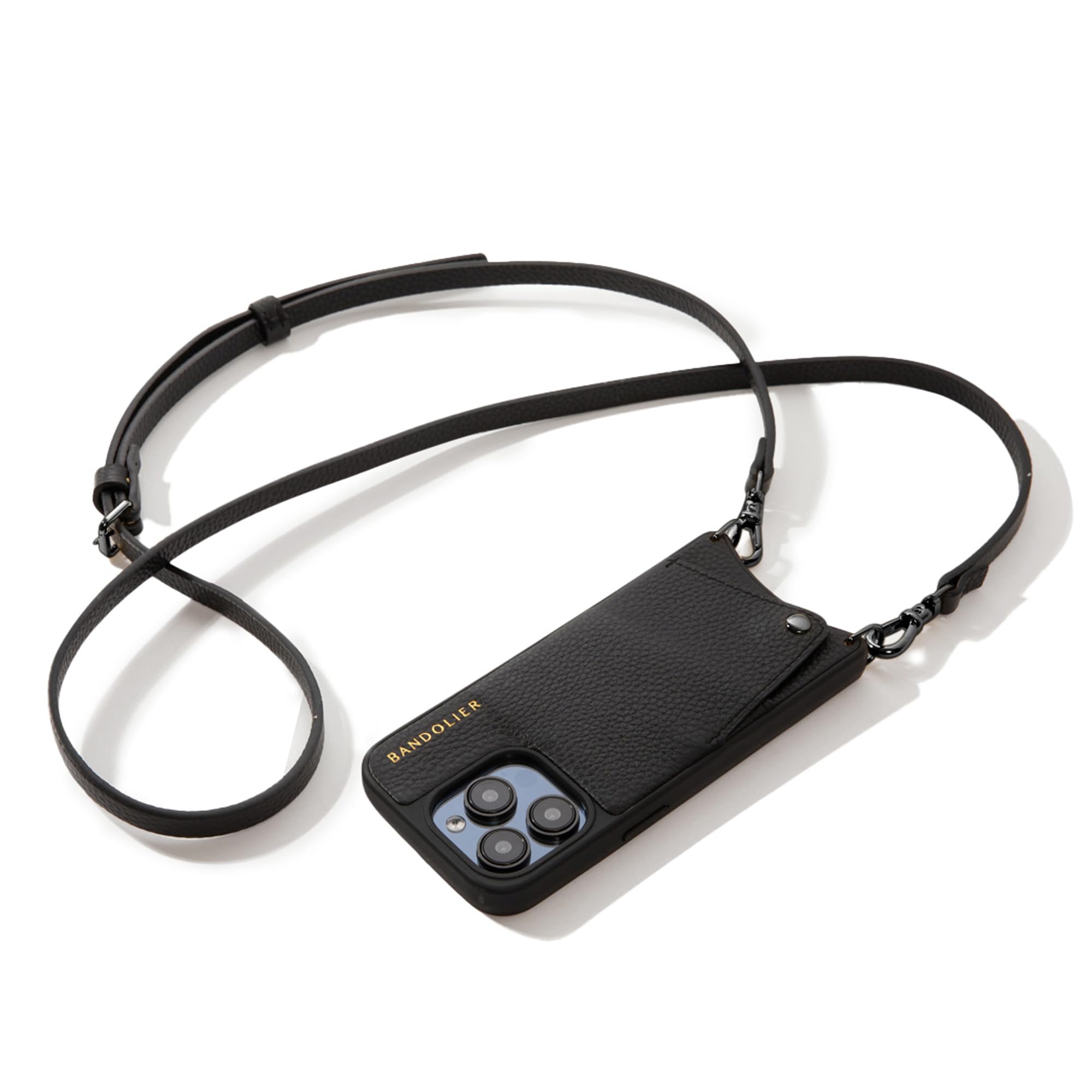 Bandolier Emma Crossbody Wallet Phone Case for iPhone 15 Pro Max. 100% Genuine Pebble Leather. Adjustable & Removable Crossbody Strap. Card Holder with Snap Closure. Black with Gold Hardware