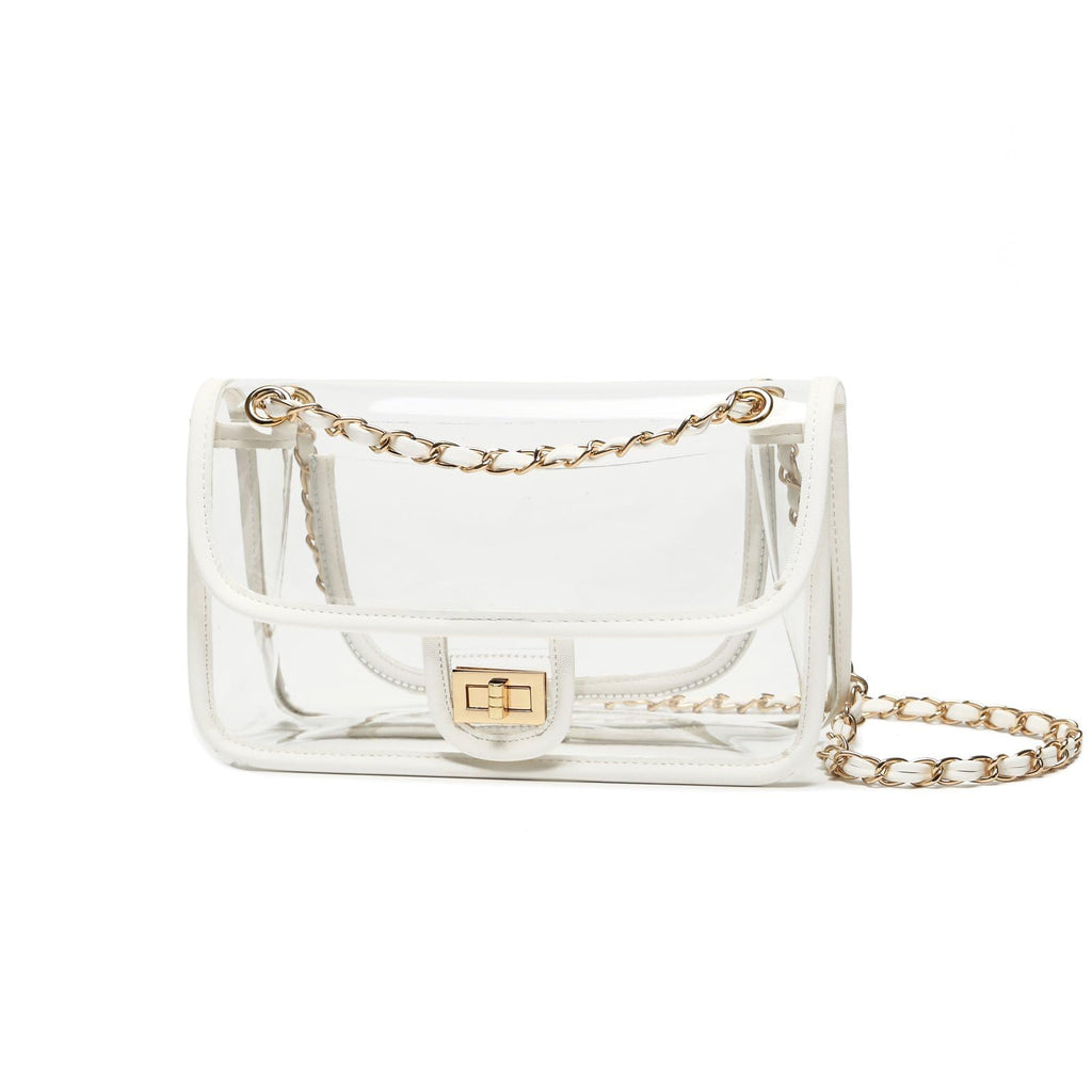 Womens PVC Clear Purse Handbag with Chain Stadium Approved Clear Bag See Through Bag for Working and Concert