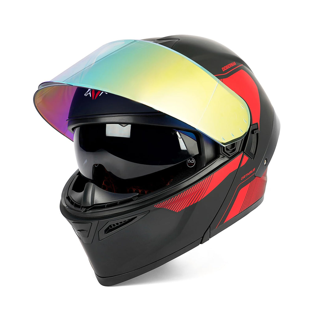 Orthrus Modular LED Full Face Motorcycle Helmet - DOT Approved Flip-Up Dual Visor Sun Shield & Bluetooth Ready for Adults Men Women - Street Bike/Motocross (Dobermann Gold, S)