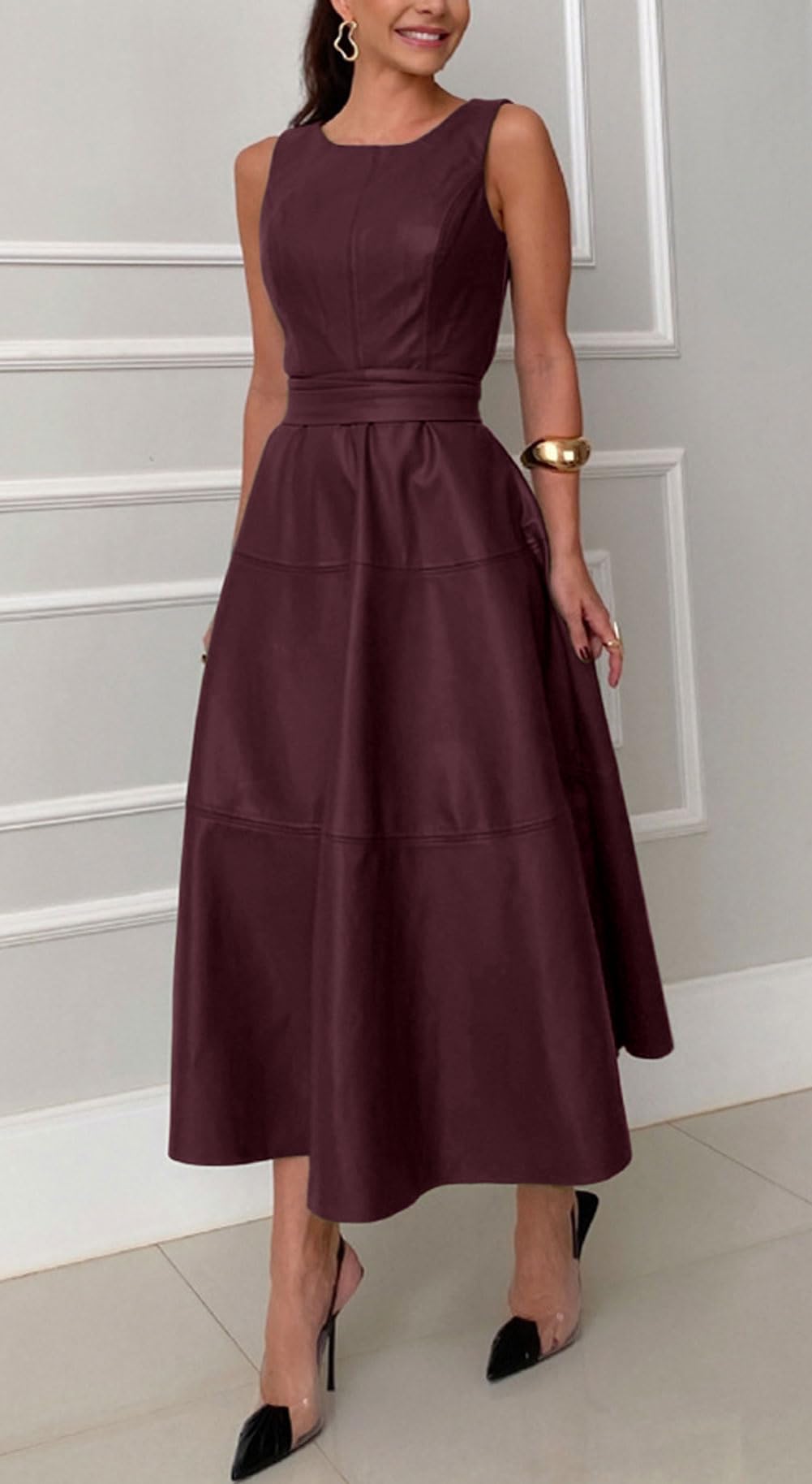 CHARTOU Women PU Faux Leather Sleeveless Elegant Flowy Long Dress Party Night Out Dress with Belt