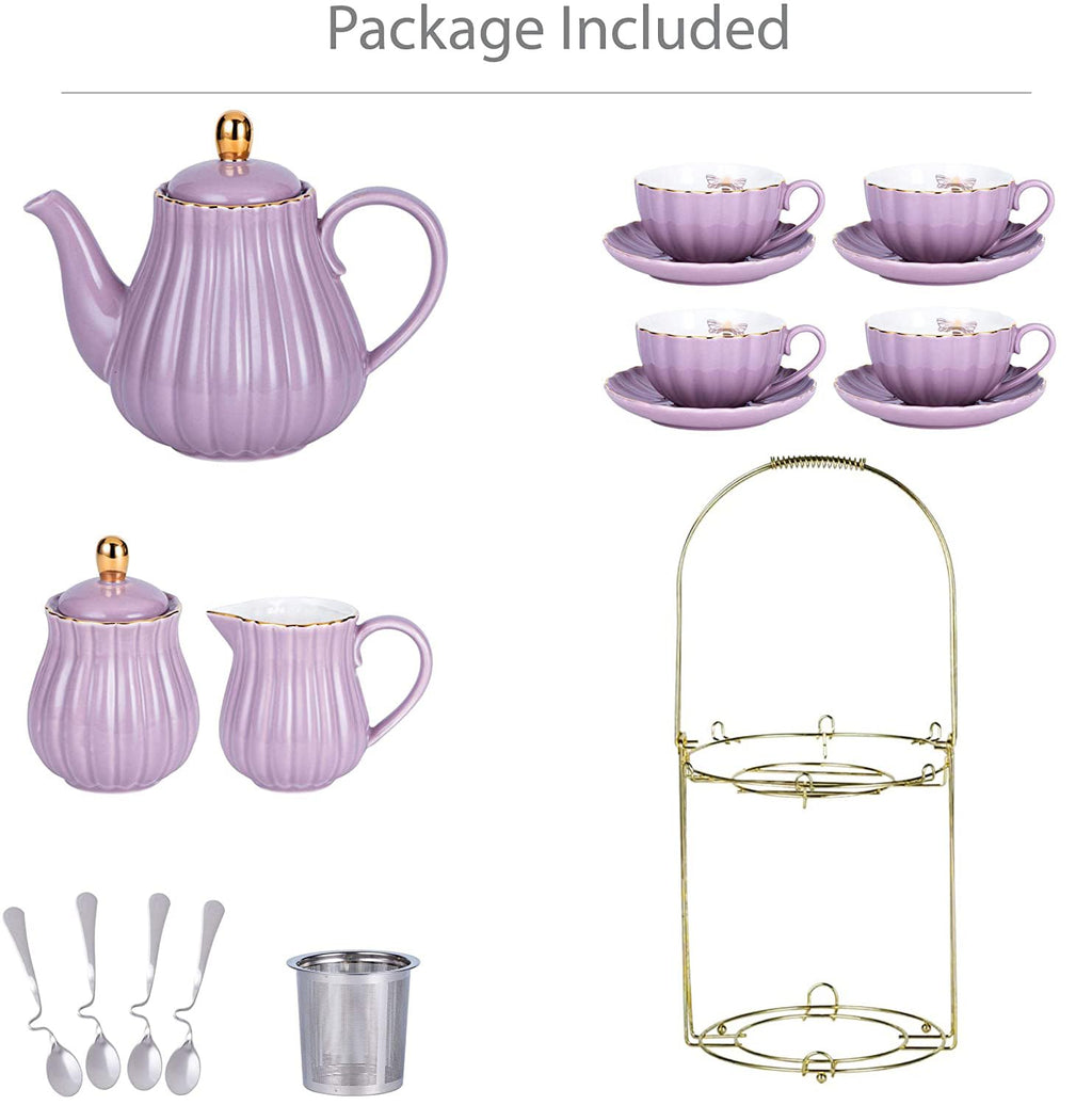 Jusalpha Serve for 6- Fine China Pink Coffee Cup/Teacup Set, 8 OZ Cups& Saucer, with Teapot-Sugar Bowl-Cream Pitcher Teaspoons and tea strainer for Tea/Coffee (Lavender, Serve of 6)