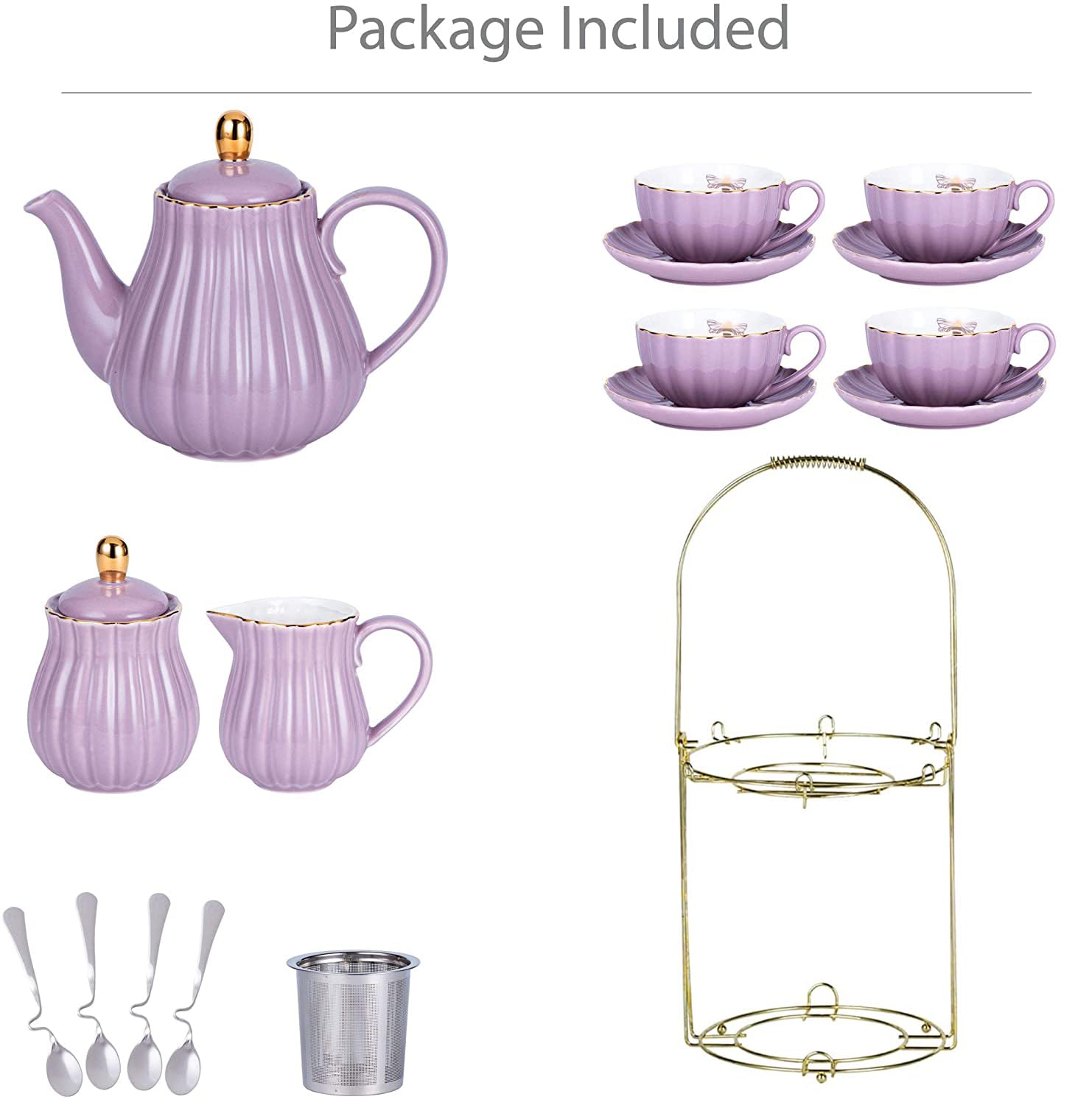 Jusalpha Serve for 6- Fine China Pink Coffee Cup/Teacup Set, 8 OZ Cups& Saucer, with Teapot-Sugar Bowl-Cream Pitcher Teaspoons and tea strainer for Tea/Coffee (Lavender, Serve of 6)