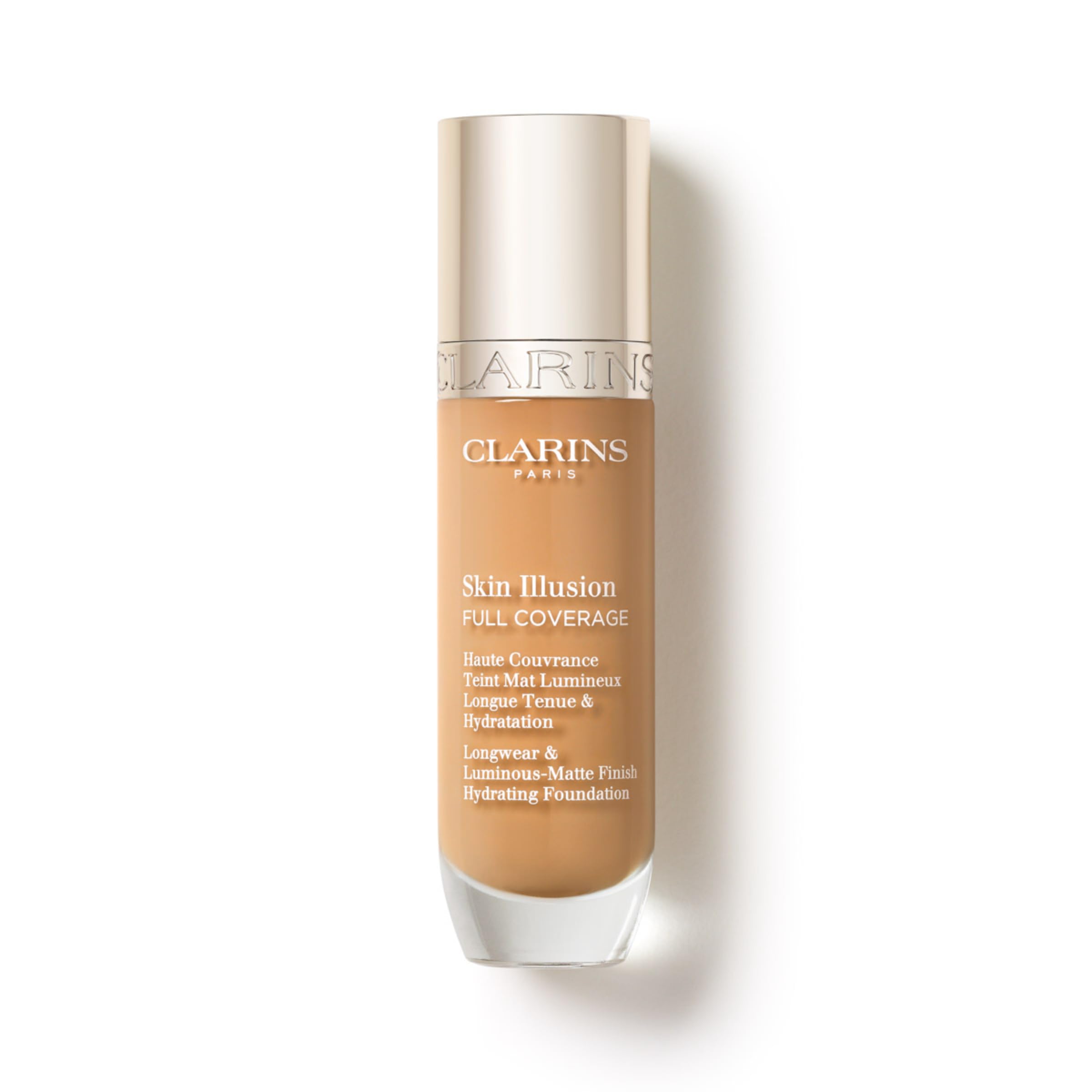 Clarins Skin Illusion Longwear Full Coverage Foundation|Luminous Matte Finish|24H Hold and 24H Hydration|Natural Looking|Transfer, Sweat and Smudge Proof| Contains Hyaluronic Acid|1 Fl Oz