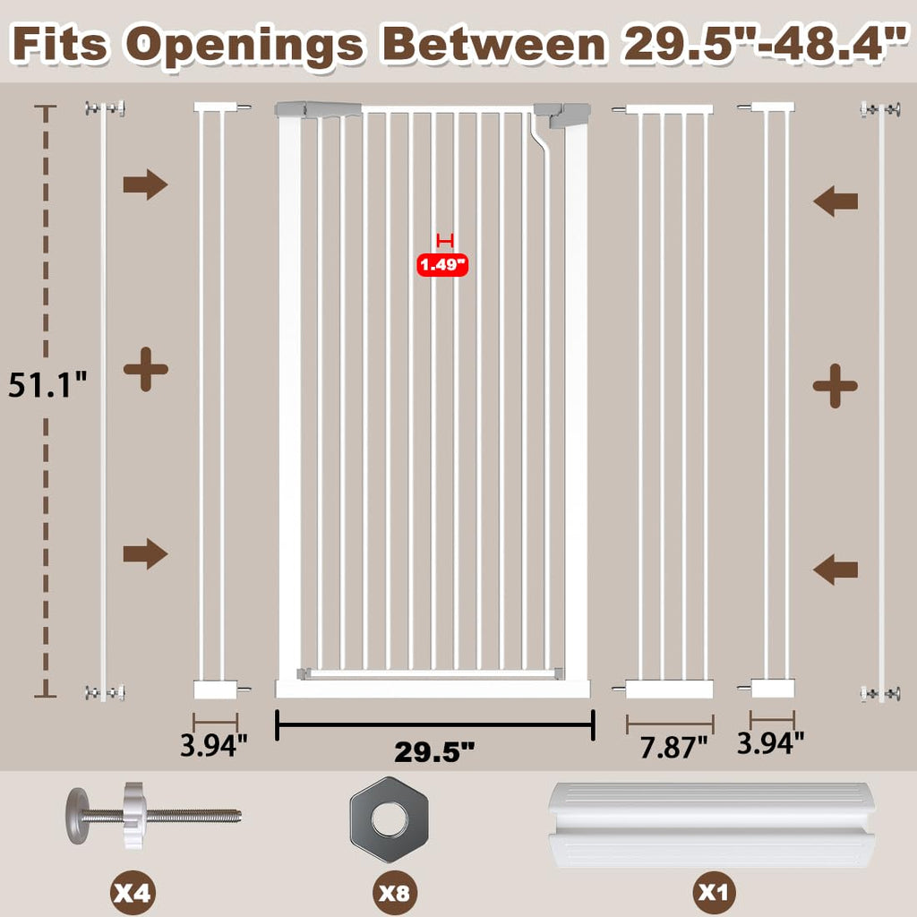 Fairy Baby 51.1" Extra Tall Pet Gate, 29.5"-32.6" Adjustable Width Auto Close Encrypted Tall Dog Gate, Cat Proof Metal Gate Indoor for Doorway Hallways, Pressure Mounted Child Safety Gates, Black