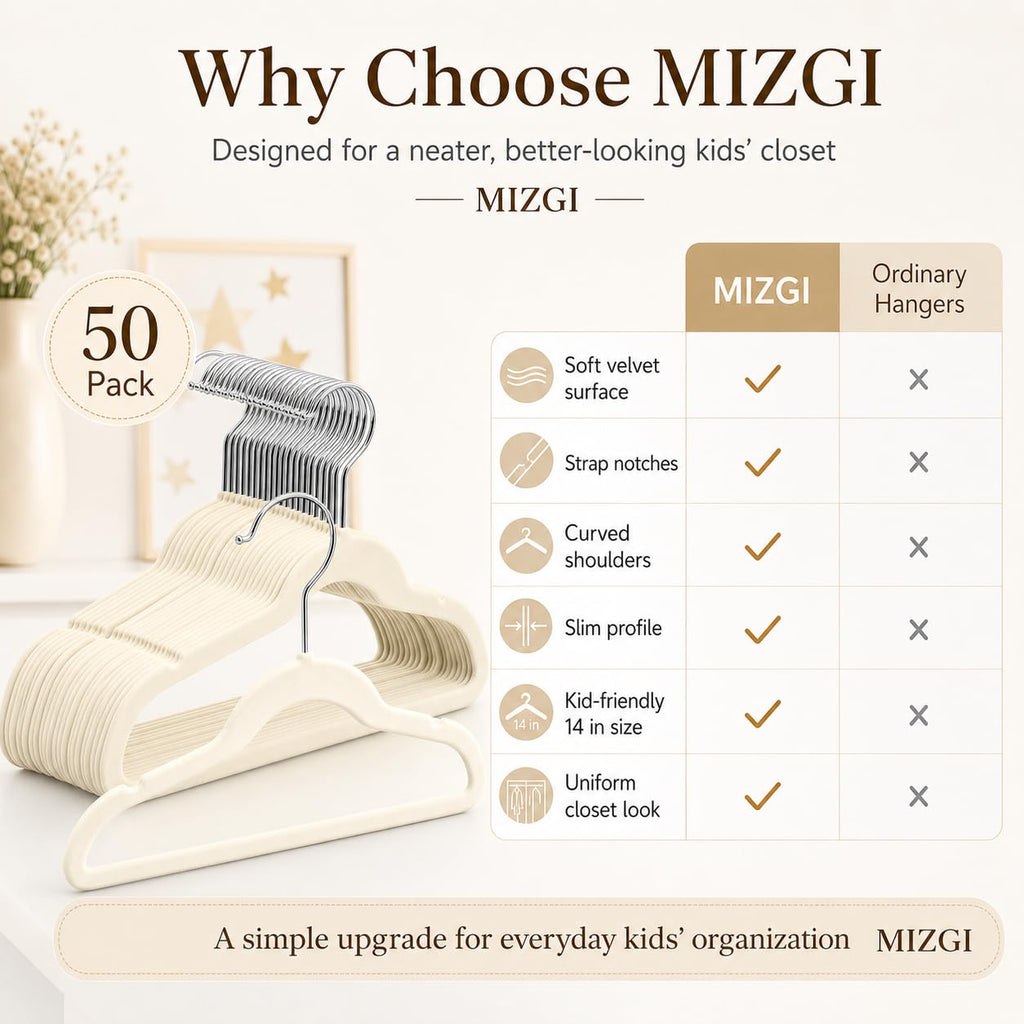 MIZGI Baby Velvet Hangers,Non-Slip Kids & Toddler Hangers,11.8 Inch Hangers for Baby Clothes,Pack of 50(Black/Black)