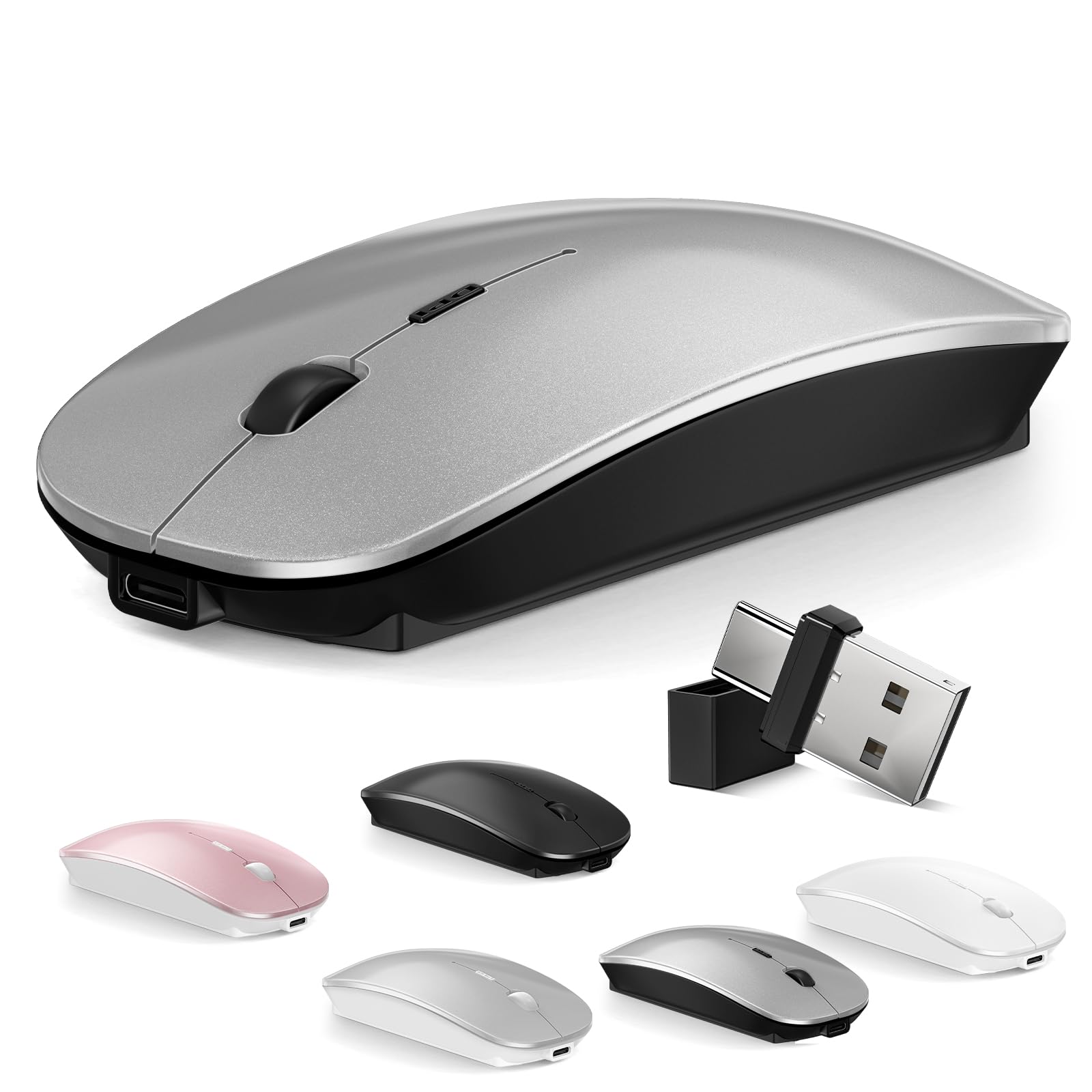 Mouse for MacBook Wireless Bluetooth Mouse Laptop MacBook Air Mac Pro Rechargeable Silent PC iPad Optical Mouse with Dual Mode Switch Bluetooth 5.2/3.0 and 2.4GHz USB Type-C Receiver Rose Gold