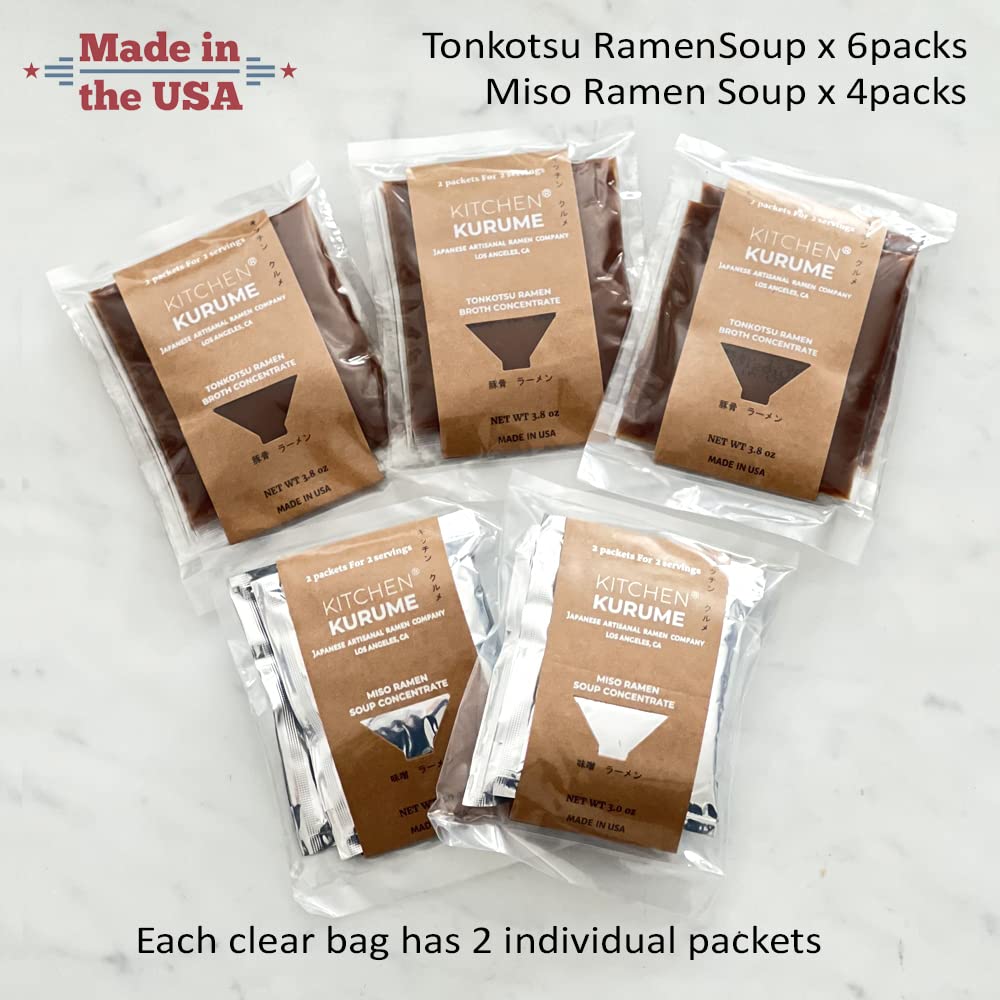 Kitchen Kurume® Japanese Ramen Broth Variety Pack, Tonkotsu (Pack of 6) & Miso Soup Base (Pack of 4), 17.4 Fl Oz, Made in USA, No MSG, No Preservatives