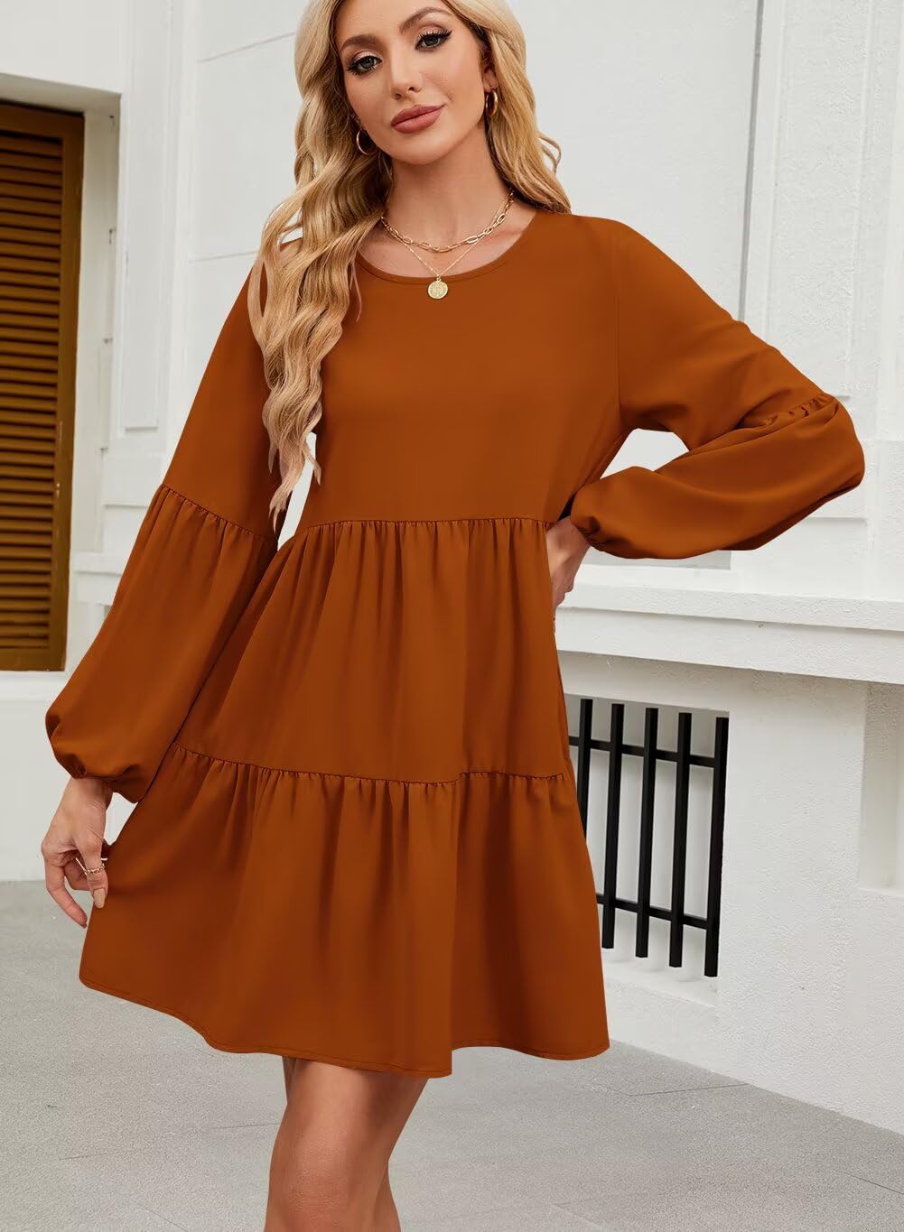 QACOHU Falll Dresses for Women 2026 Crew Neck Long Lantern Sleeve Casual Loose Flowy Swing Shift Dress
