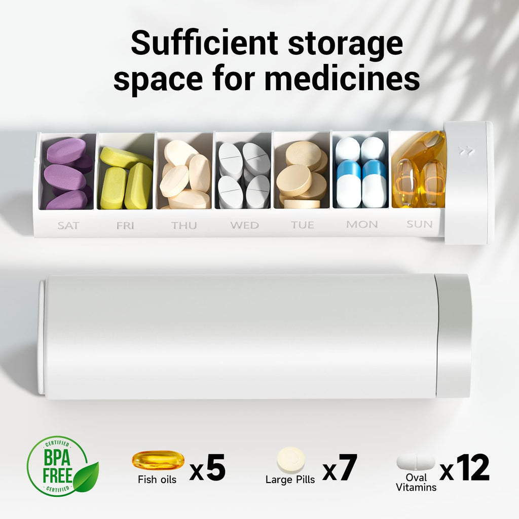 Betife Travel Pill Organizer Weekly 7 Day, Compact Daily Pill Box, Portable Medicine Case, Cute Pill Holder for Vitamins Supplements, Drawer-Shaped Pills Organizer (Black)