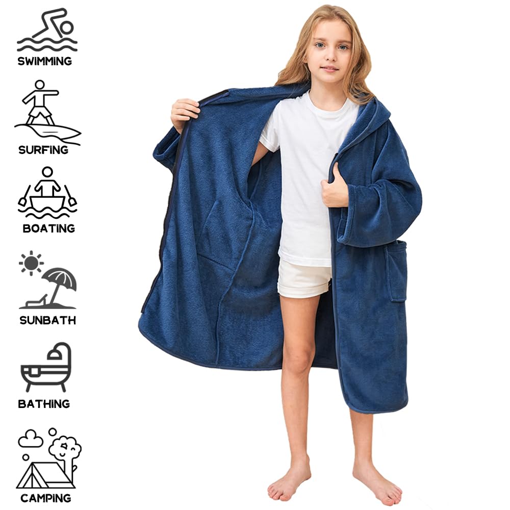 Hiturbo Kids Bath Towel Hoodie: Soft Plush Zipper Surf Poncho - Warm Fleece Changing Towels Swimming Outerwear (Blue)