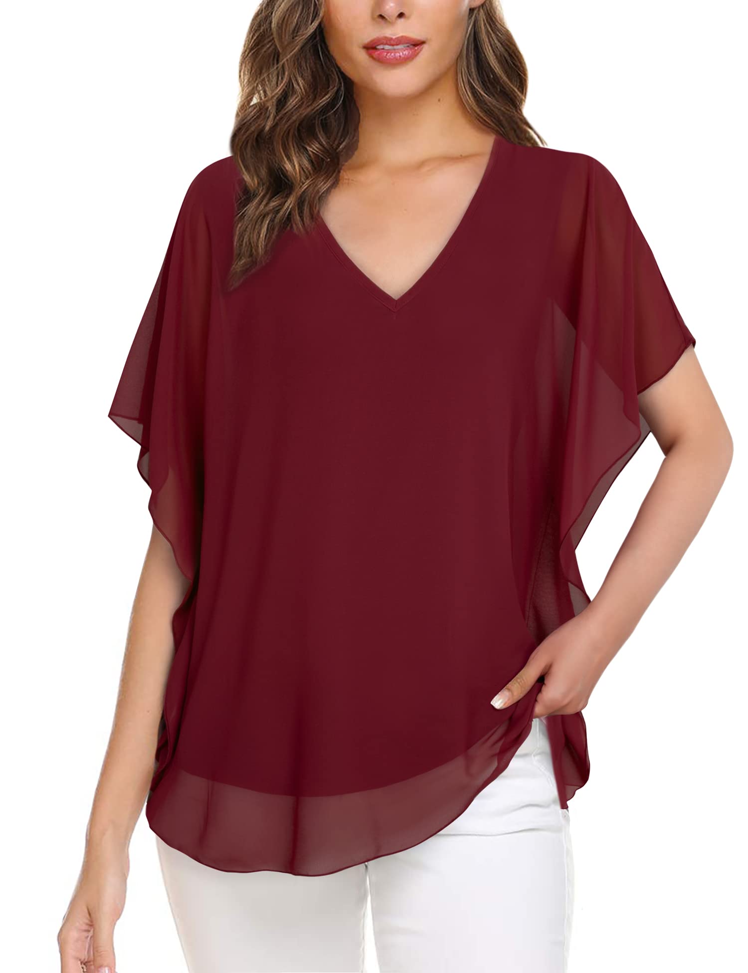 Lotusmile Women's Loose Flouncing Flutter Sleeve Double-Layered Shirt Chiffon Elegant Dressy Blouse Work Tops