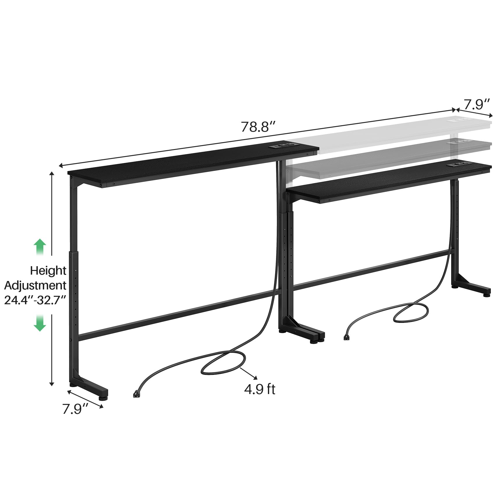 Kitstorack Narrow Sofa Table with Charging Station, 78.8" Behind Couch Table, Adjustable 24.4"-32.7" Height, Modular 2-piece Design for sectionals, entryways, Apartments, and Narrow Living Spaces