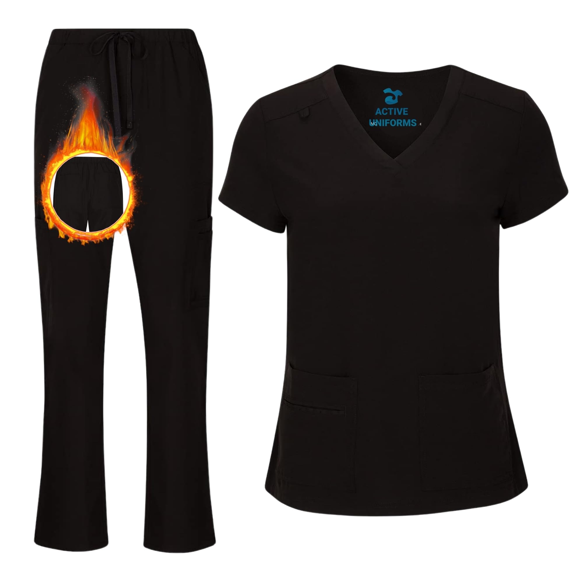 Women's Cool Stretch V-Neck Top and Cargo Pant Scrub Set with Regular and Petite Sizes
